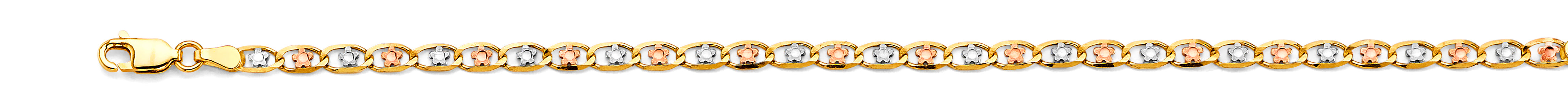14k Gold Three-Tone 3.2mm Flower Valentino Star Diamond-Cut Bracelet 7 Inch - Model CH-0674