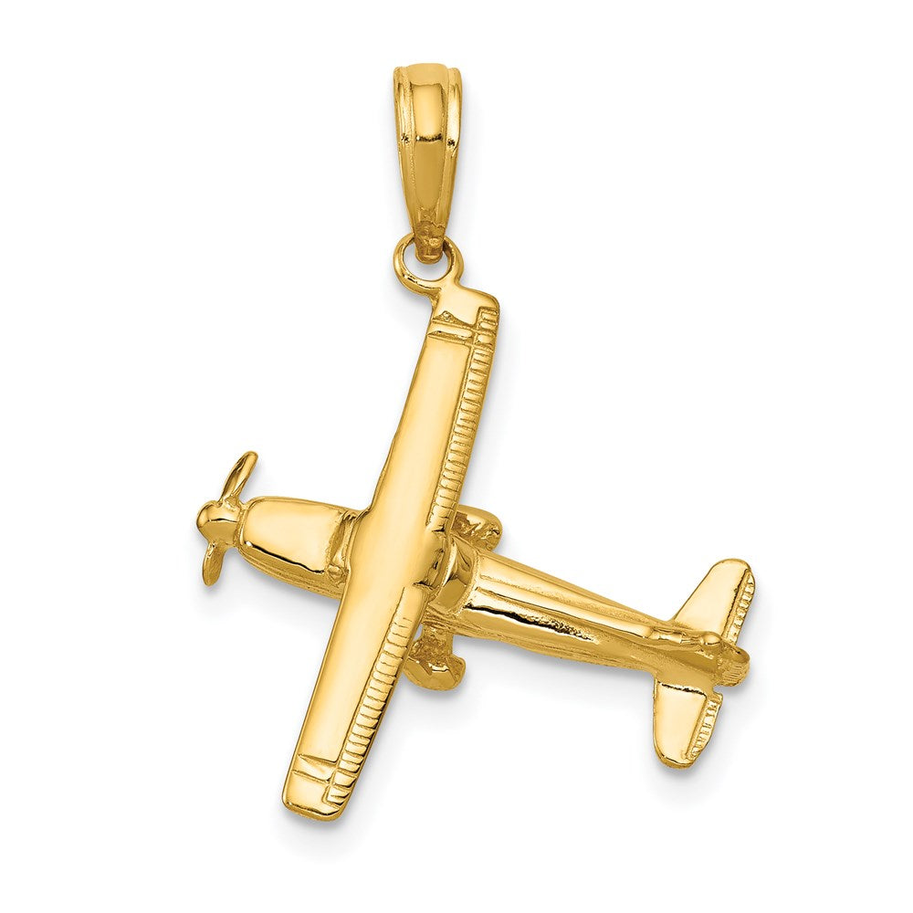 14k Gold 3D High-Wing Airplane Pendant - Charlie & Co. Jewelry