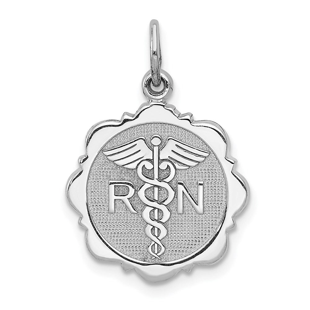 White Gold RN Registered Nurse Disc Charm Necklace Model-D1241 - Charlie & Co. Jewelry