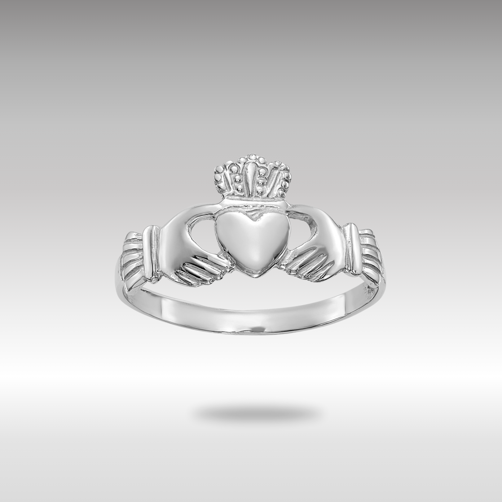 White Gold Ladies Claddagh Ring Model-D3107 - Charlie & Co. Jewelry