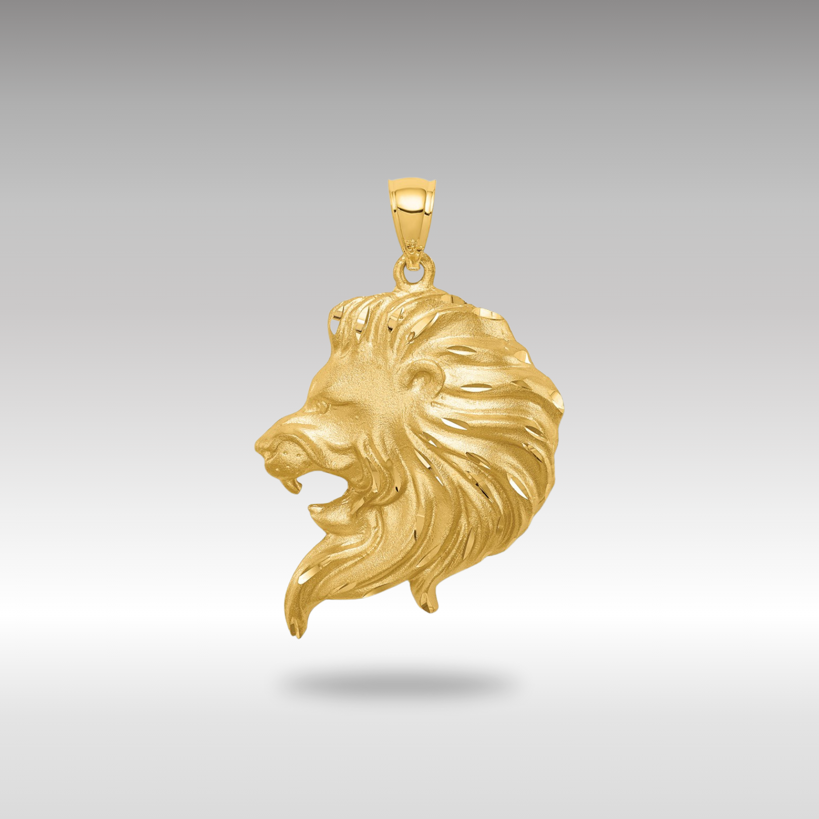 Gold Brushed Diamond-cut Large Lion Head Pendant - Model D4480 - Charlie & Co. Jewelry