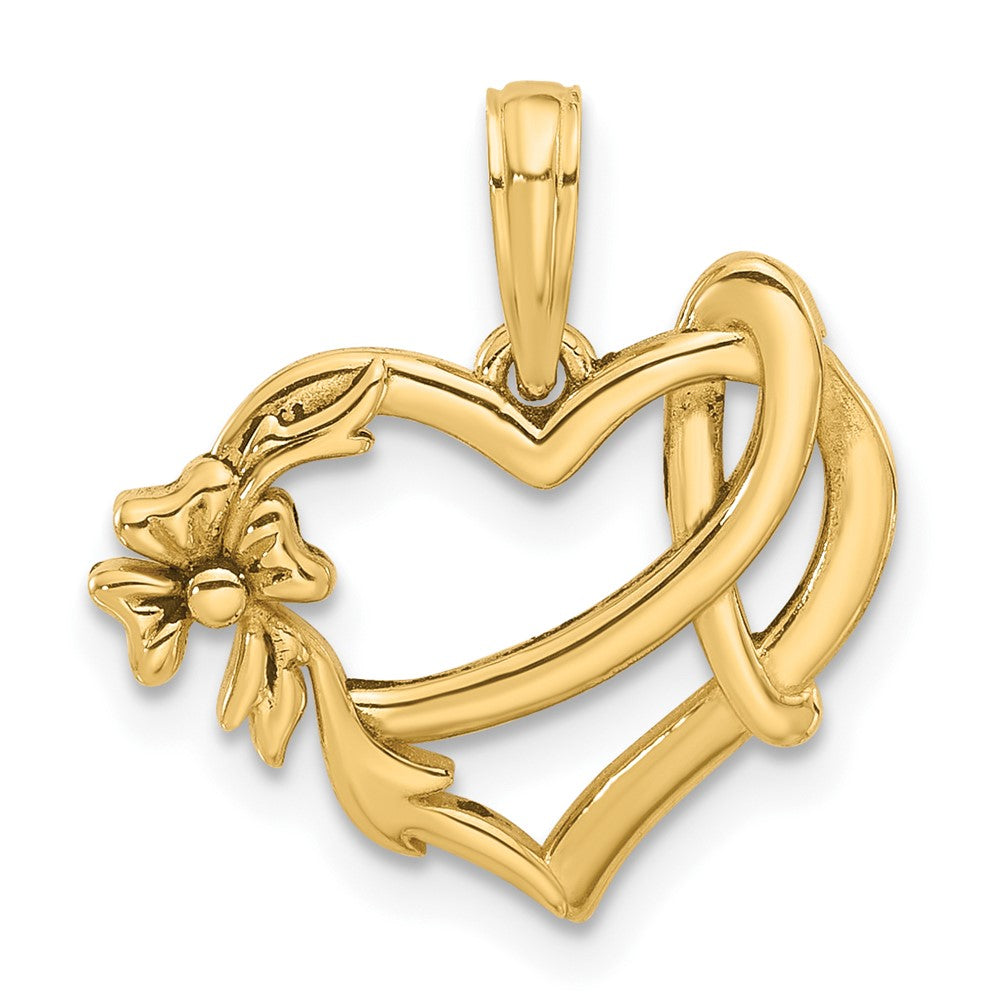 14K Yellow Gold Fancy Heart and Ribbon Necklace Pendant - Charlie & Co. Jewelry