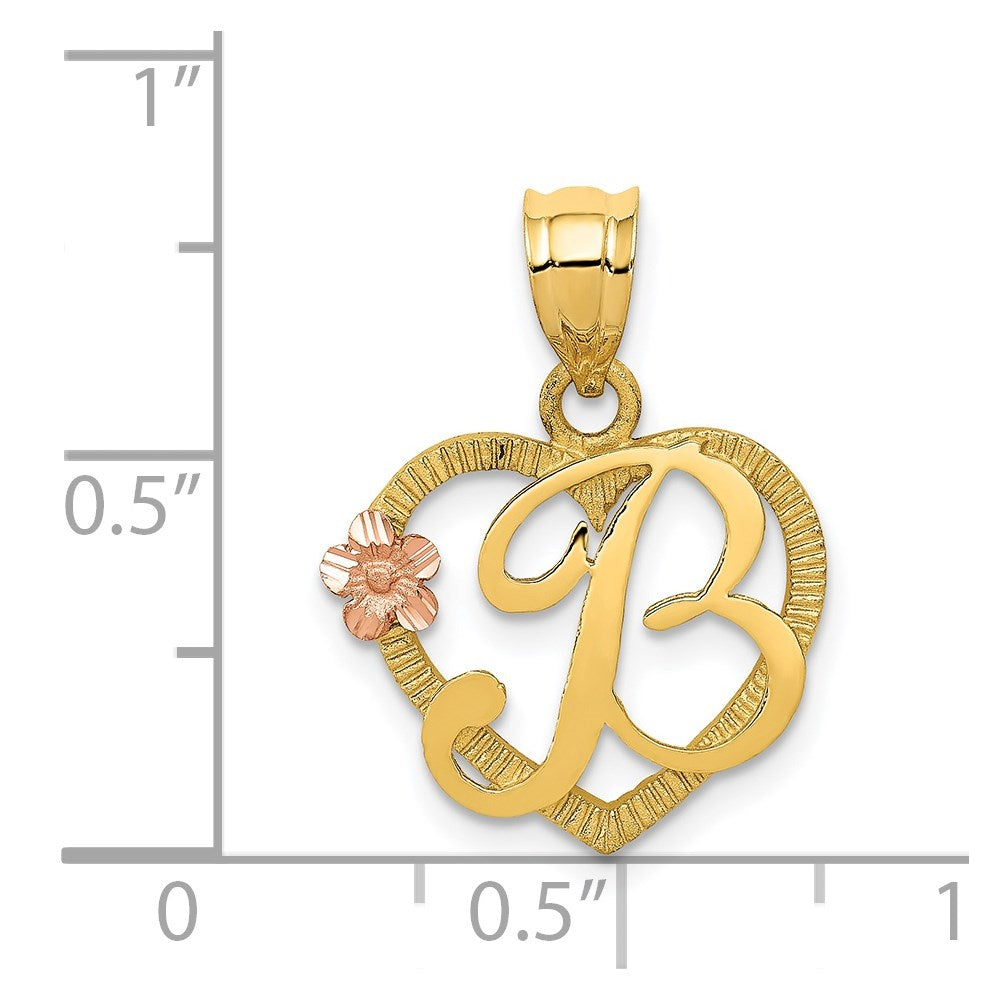 14K Gold Script Letter 'B' Heart Charm with Floral Accent - Charlie & Co. Jewelry