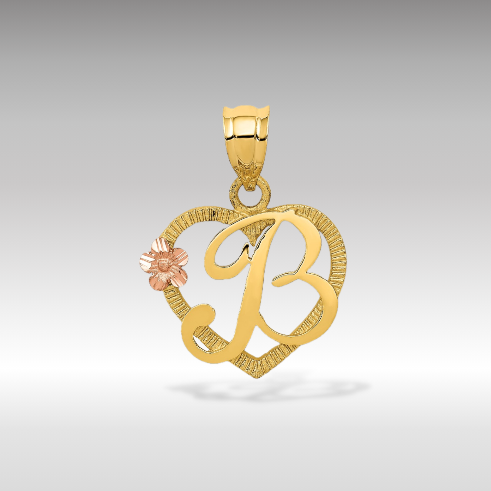 14K Gold Script Letter 'B' Heart Charm with Floral Accent