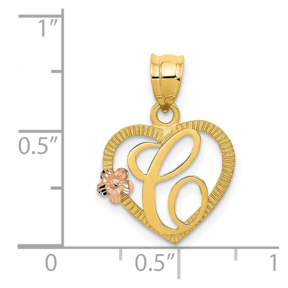 14K Gold Script Letter 'C' Heart Charm with Floral Accent - Charlie & Co. Jewelry