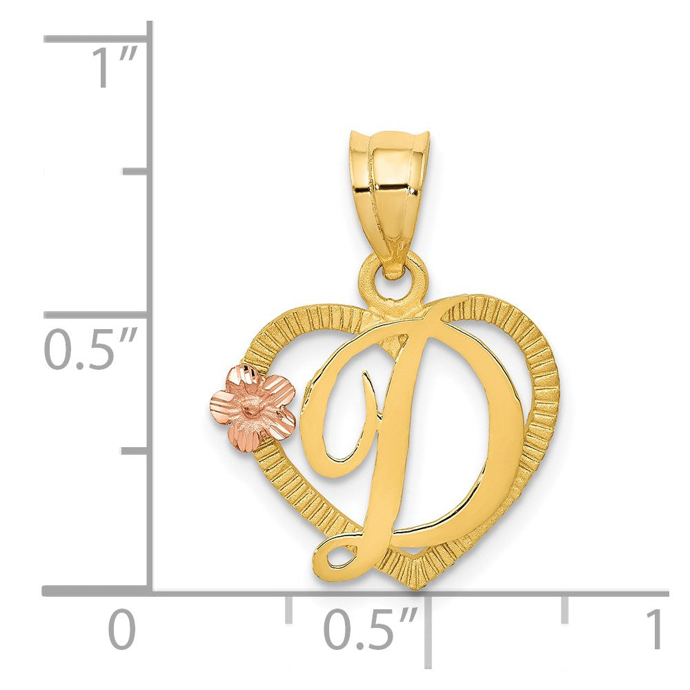 14K Gold Script Letter 'D' Heart Charm with Floral Accent - Charlie & Co. Jewelry