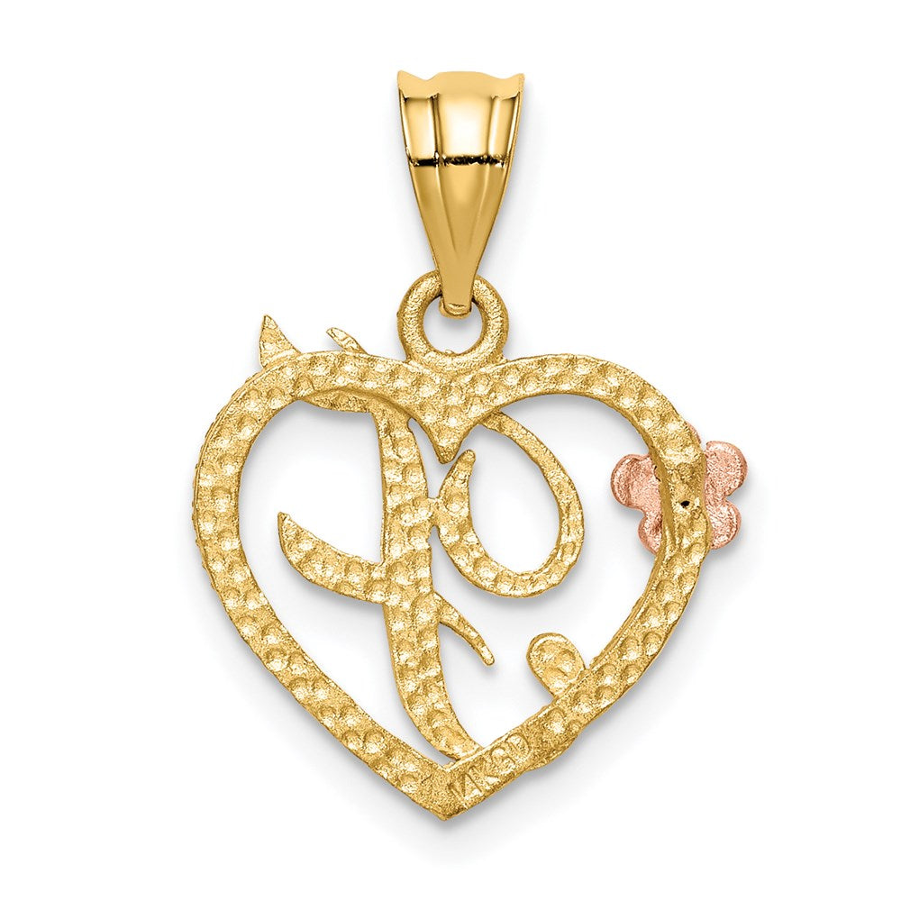 14K Gold Script Letter 'F' Heart Charm with Floral Accent - Charlie & Co. Jewelry