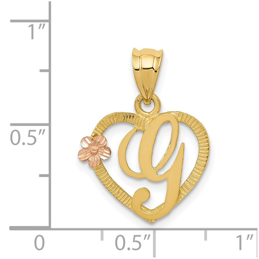 14K Gold Script Letter 'G' Heart Charm with Floral Accent - Charlie & Co. Jewelry
