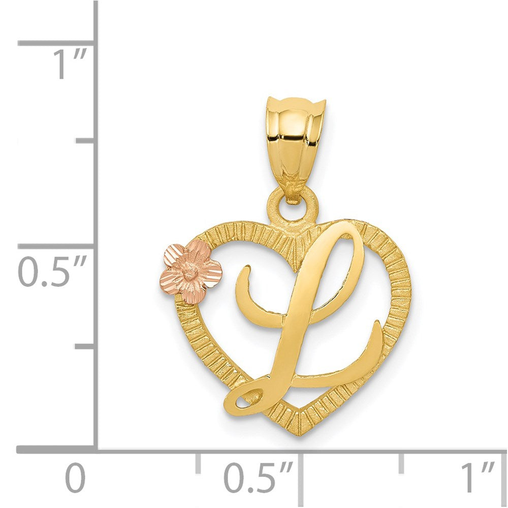 14K Gold Script Letter 'L' Heart Charm with Floral Accent - Charlie & Co. Jewelry