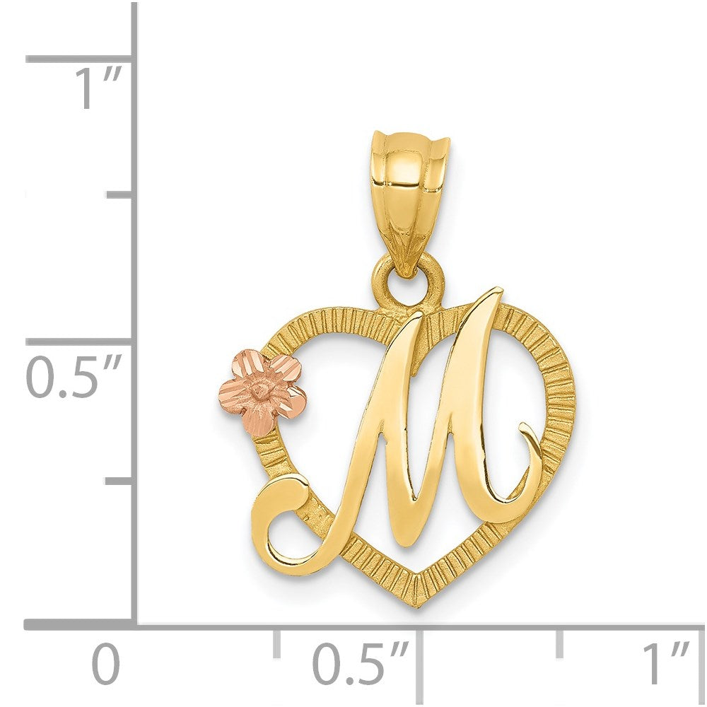 14K Gold Script Letter 'M' Heart Charm with Floral Accent - Charlie & Co. Jewelry