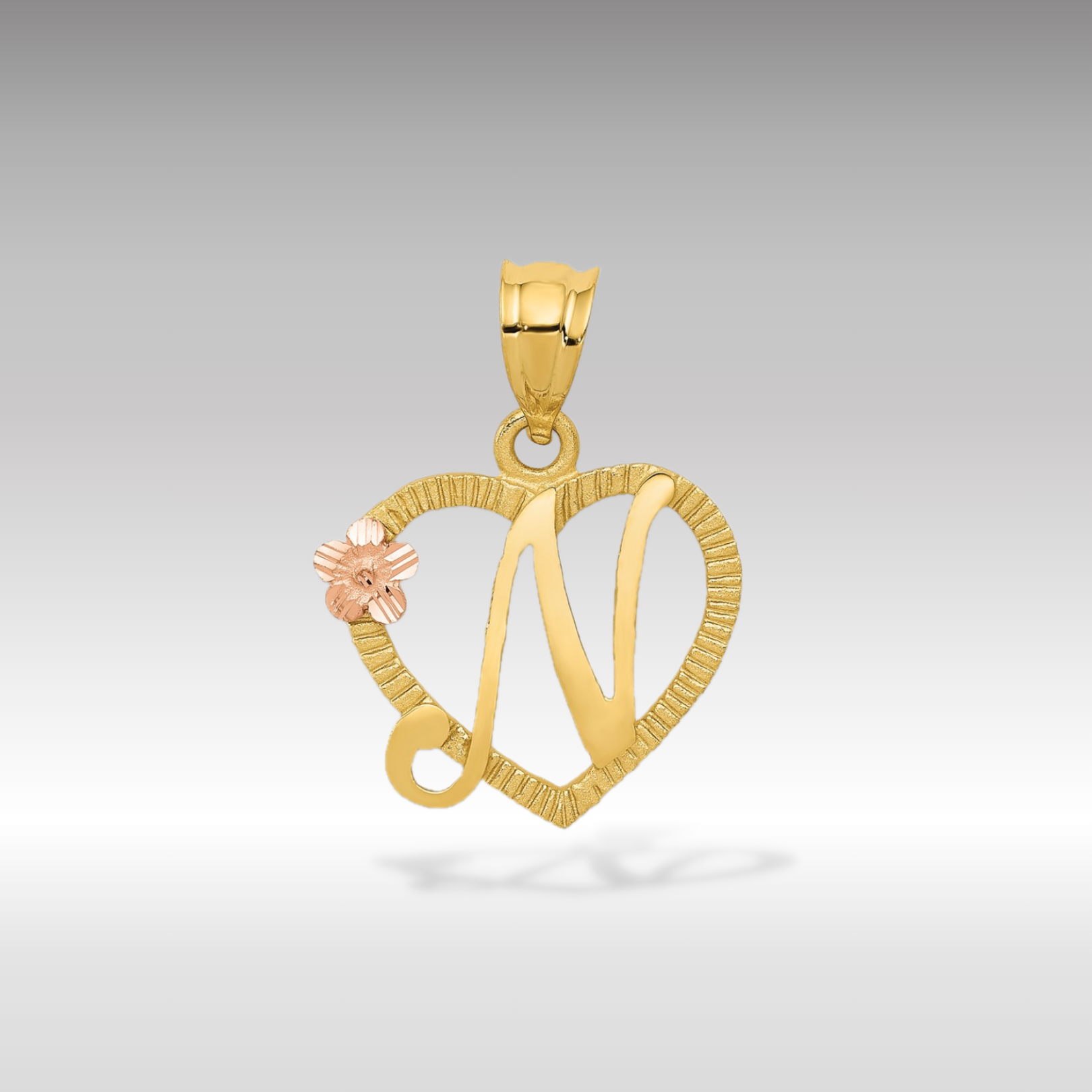 14K Gold Script Letter 'N' Heart Charm with Floral Accent, image size:1620x1620
