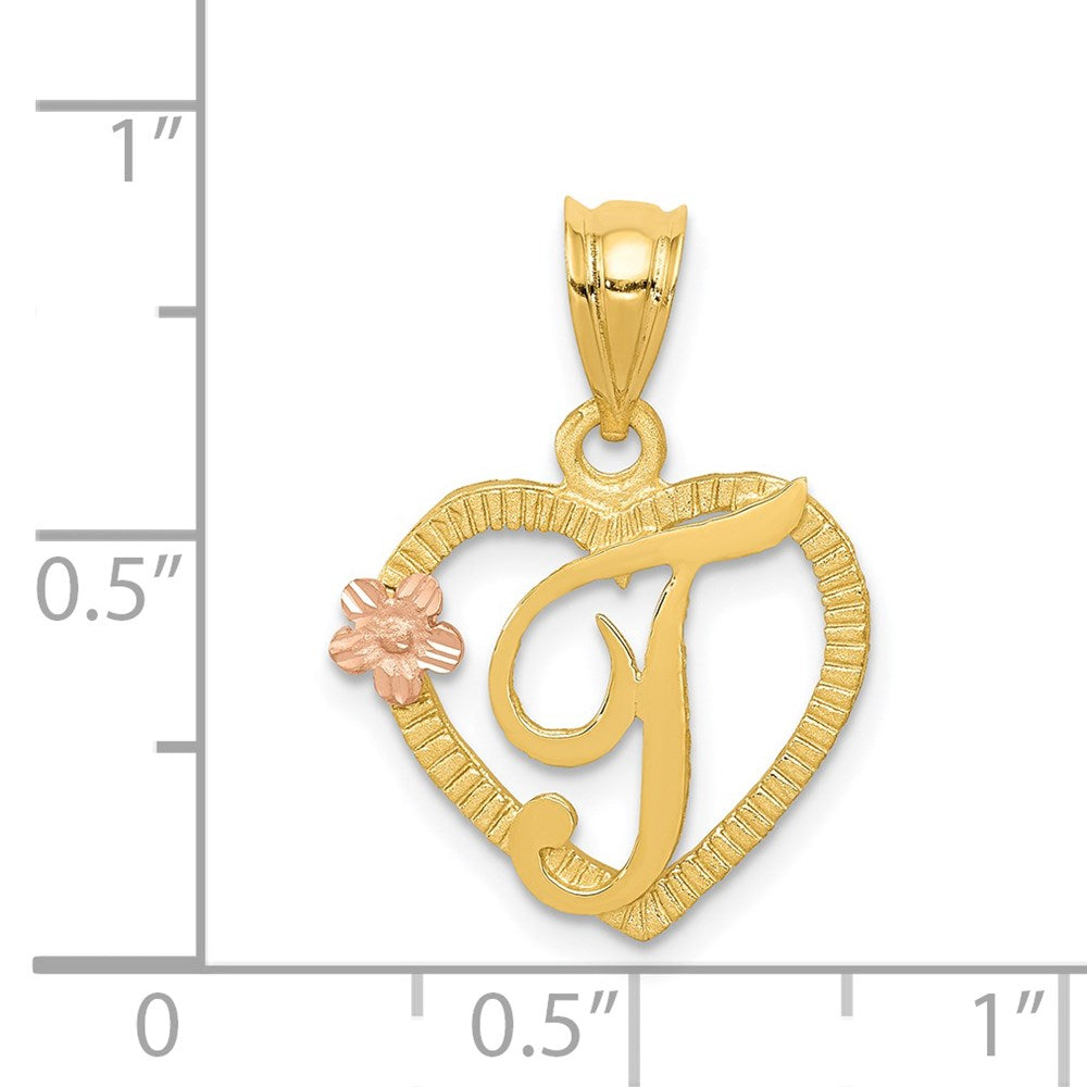 14K Gold Script Letter 'T' Heart Charm with Floral Accent - Charlie & Co. Jewelry