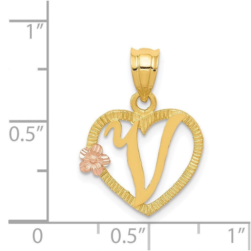 14K Gold Script Letter 'V' Heart Charm with Floral Accent - Charlie & Co. Jewelry