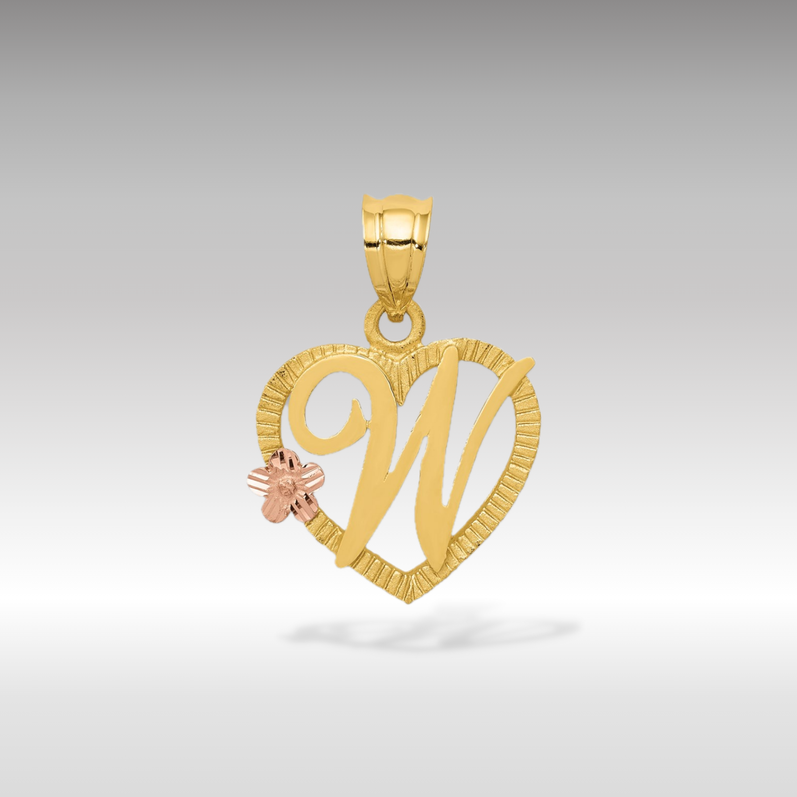 14K Gold Script Letter 'W' Heart Charm with Floral Accent - Charlie & Co. Jewelry