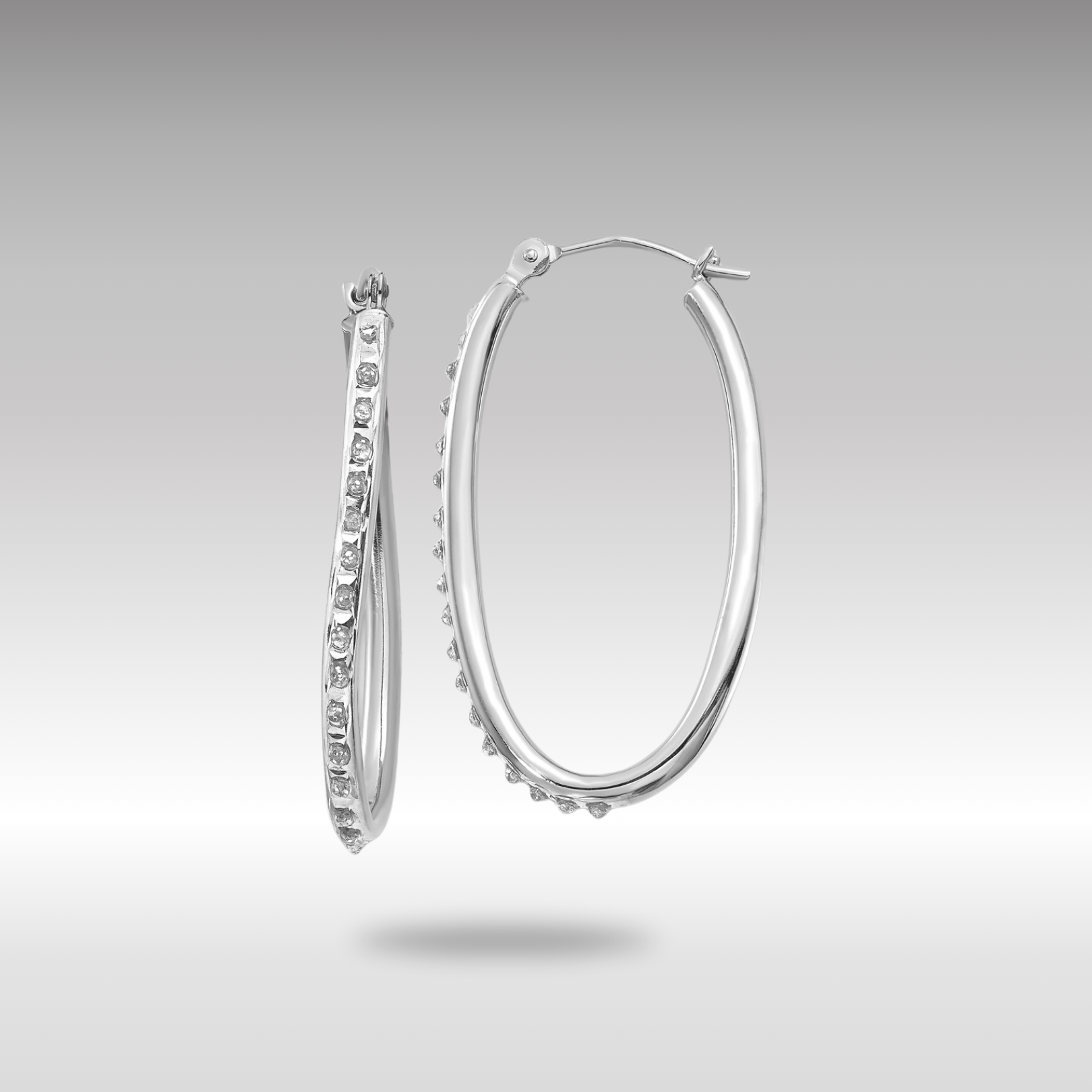 White Gold Diamond Fascination Oval Hinged Hoop Earrings - Model DF108 - Charlie & Co. Jewelry