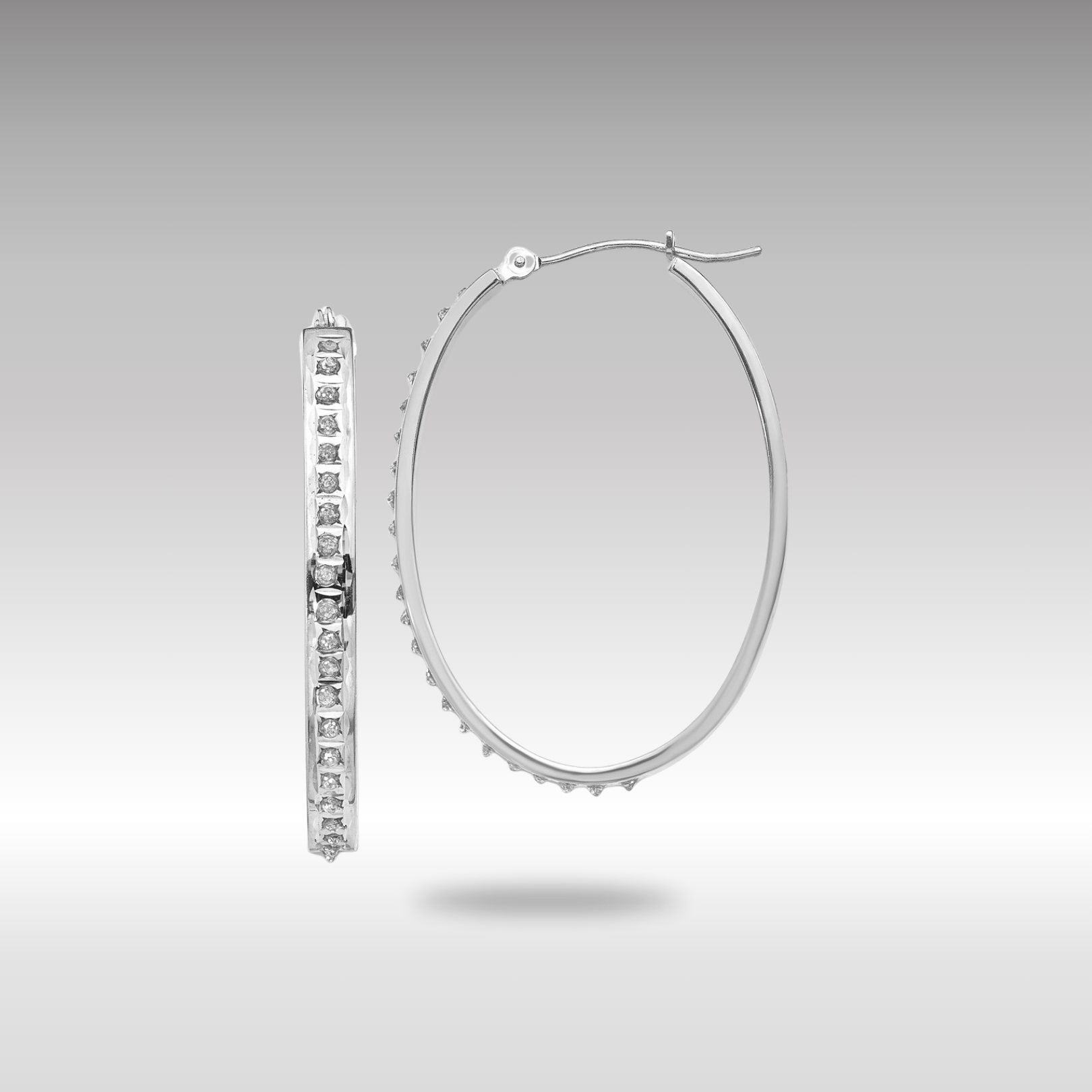 White Gold Diamond Fascination Oval Hinged Hoop Earrings - Model DF130 - Charlie & Co. Jewelry