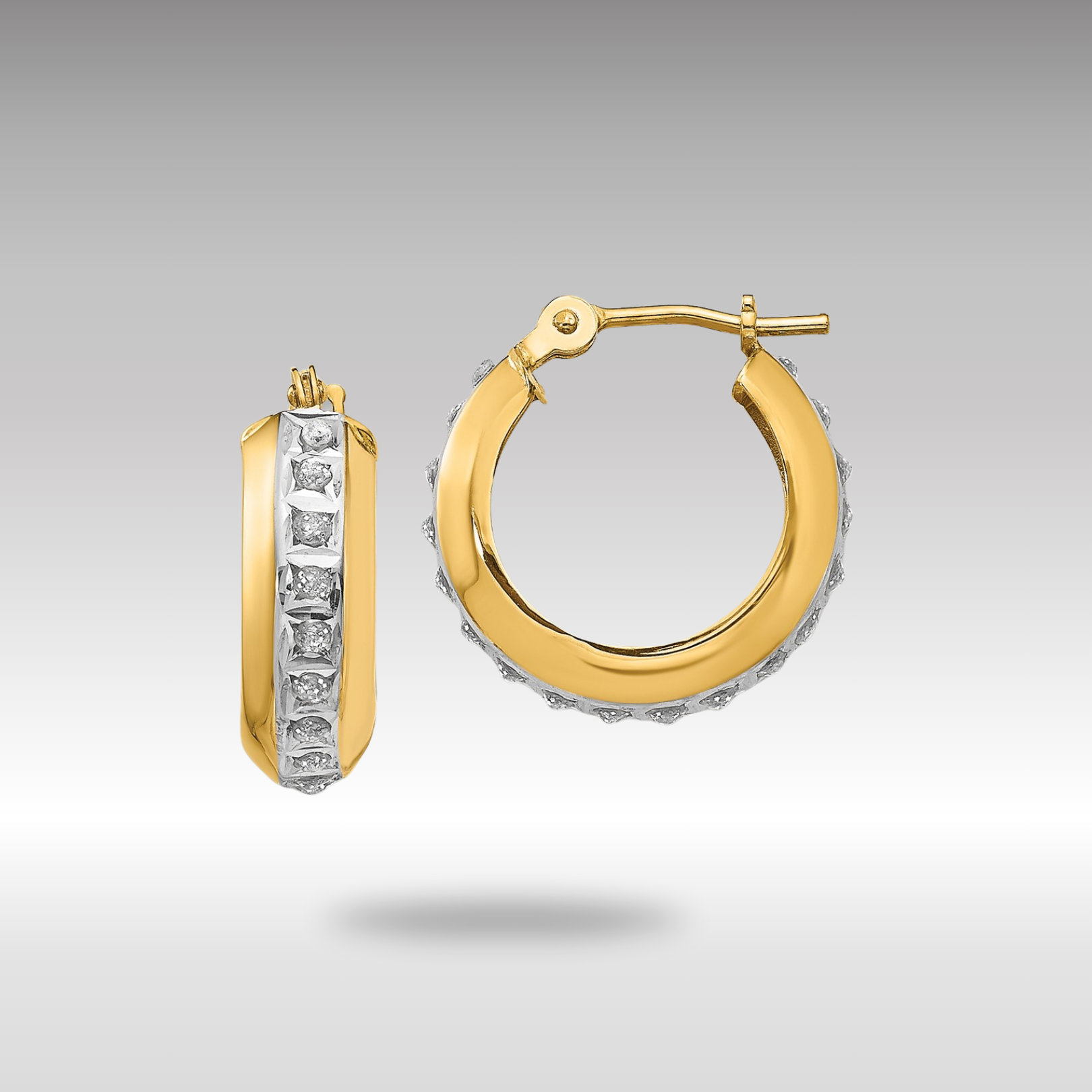 Gold Diamond Fascination Round Huggy Hinged Hoop Earrings - Model DF133 - Charlie & Co. Jewelry