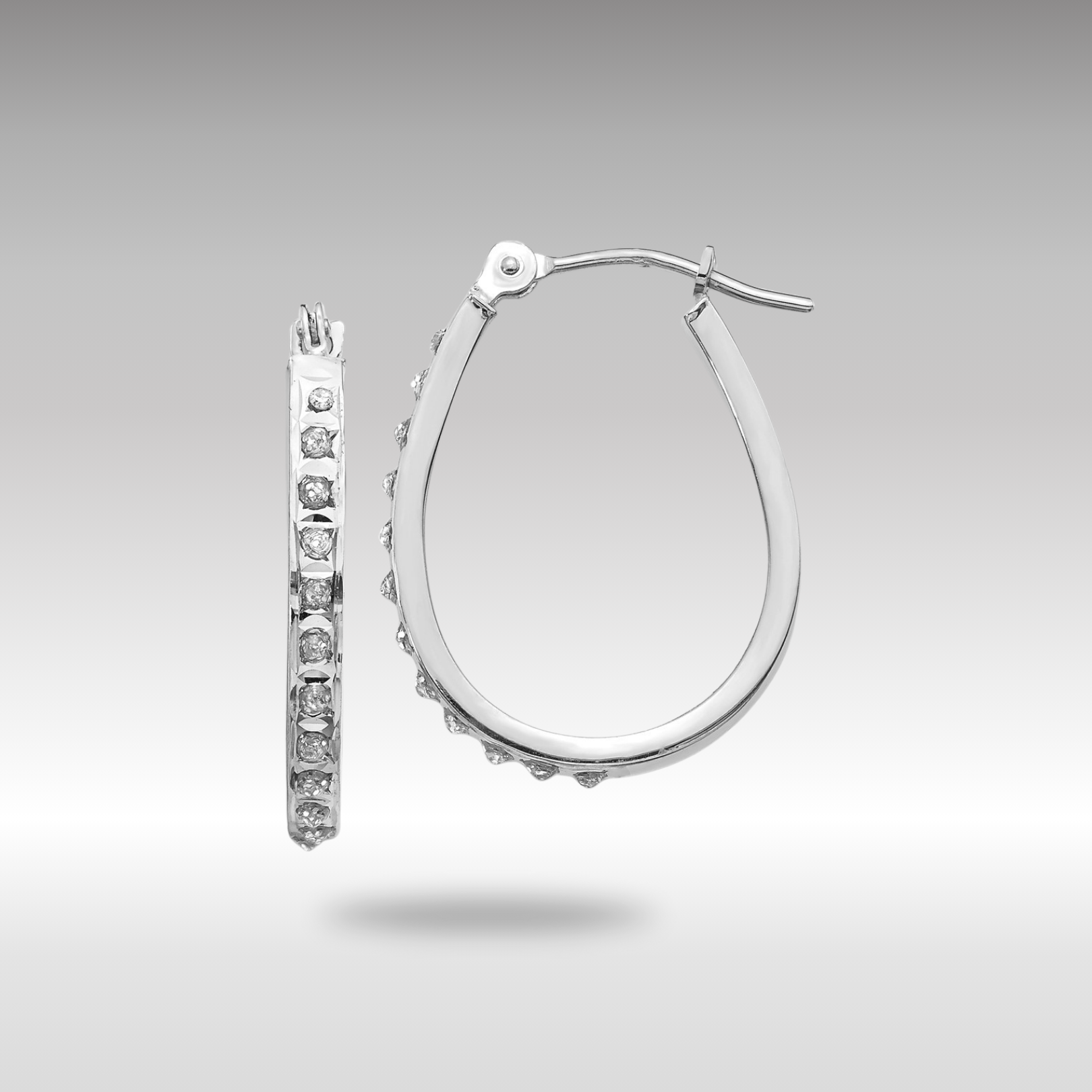 14K Gold White Diamond Fascination Oval Hinged Hoop Earrings