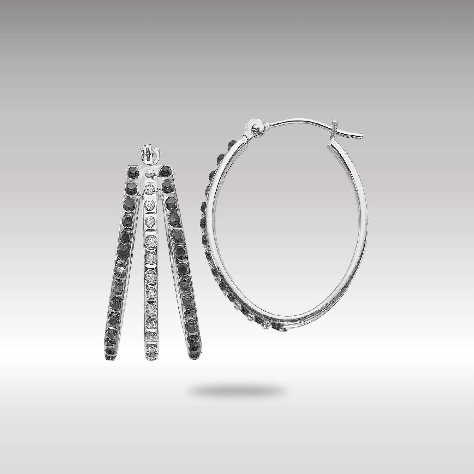 White Gold Diamond Fascination Black and W Diamond Triple Oval Hinged Hoop Earrings - Model DF222 - Charlie & Co. Jewelry