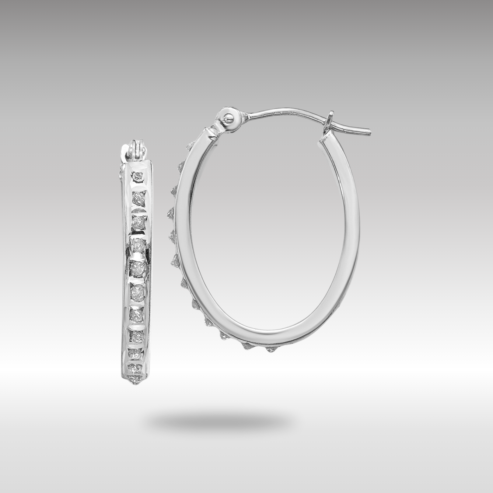 White Gold Diamond Fascination Oval Hinged Hoop Earrings - Model DF235 - Charlie & Co. Jewelry