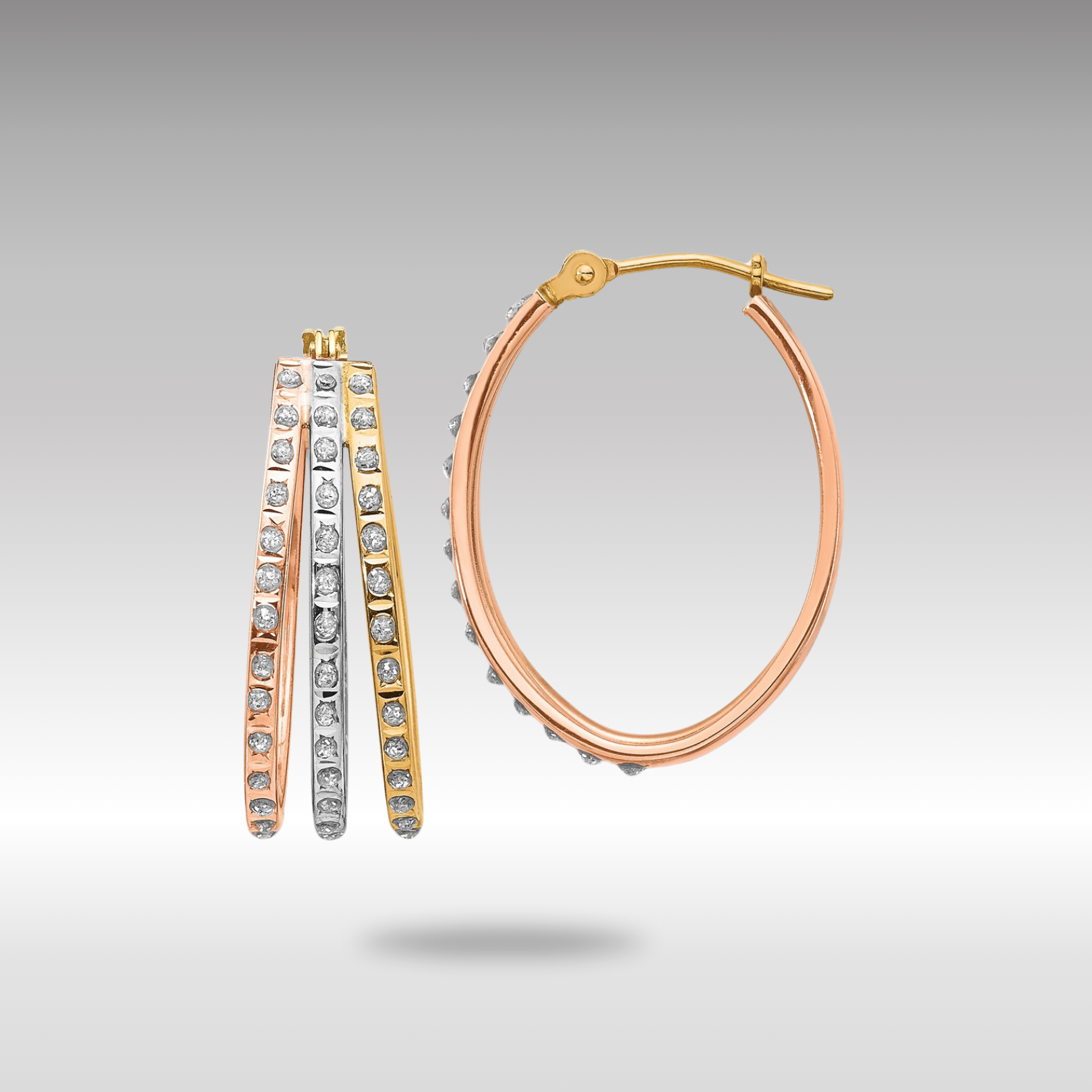 Gold Tri-Color Diamond Fascination Three Oval Hoop Earrings - Model DF287 - Charlie & Co. Jewelry