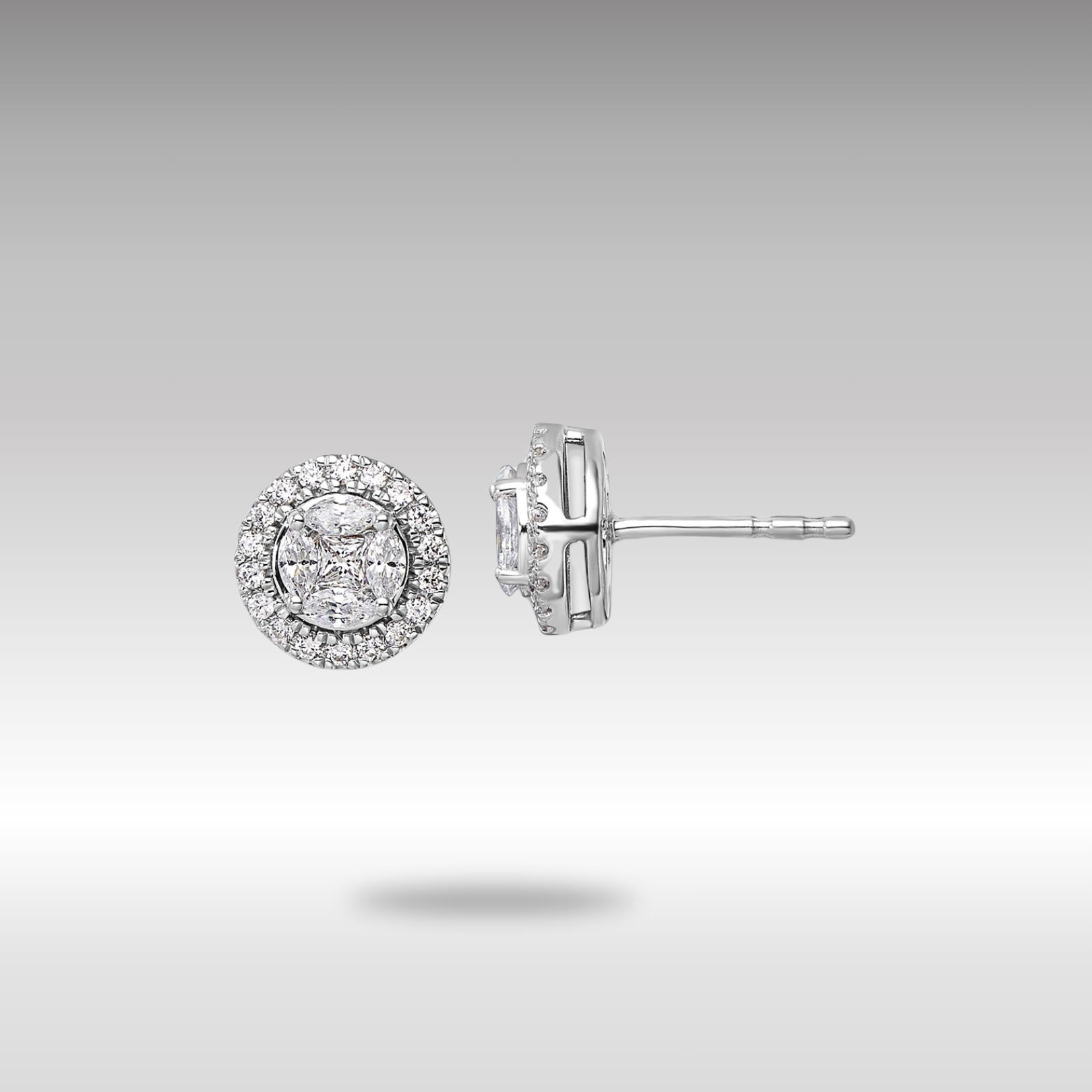 White Gold Lab Grown VS/SI FGH Dia Halo Round and Marquise Post Earrings - Model EM10164-054-WLG - Charlie & Co. Jewelry