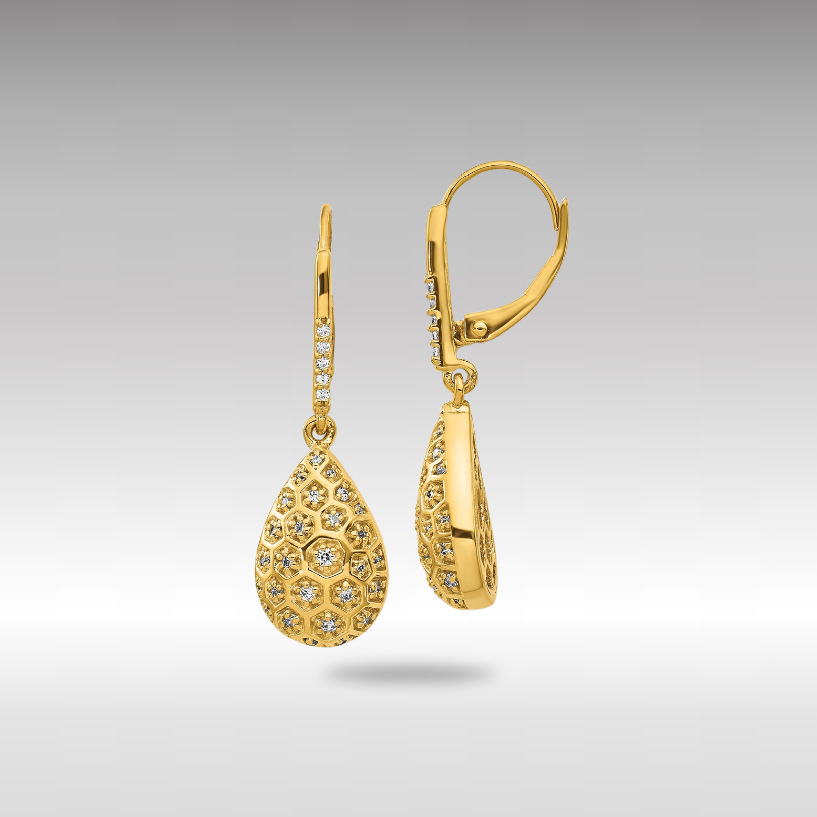 Gold Diamond Honeycomb Leverback Earrings - Model EM3891-038-YA - Charlie & Co. Jewelry