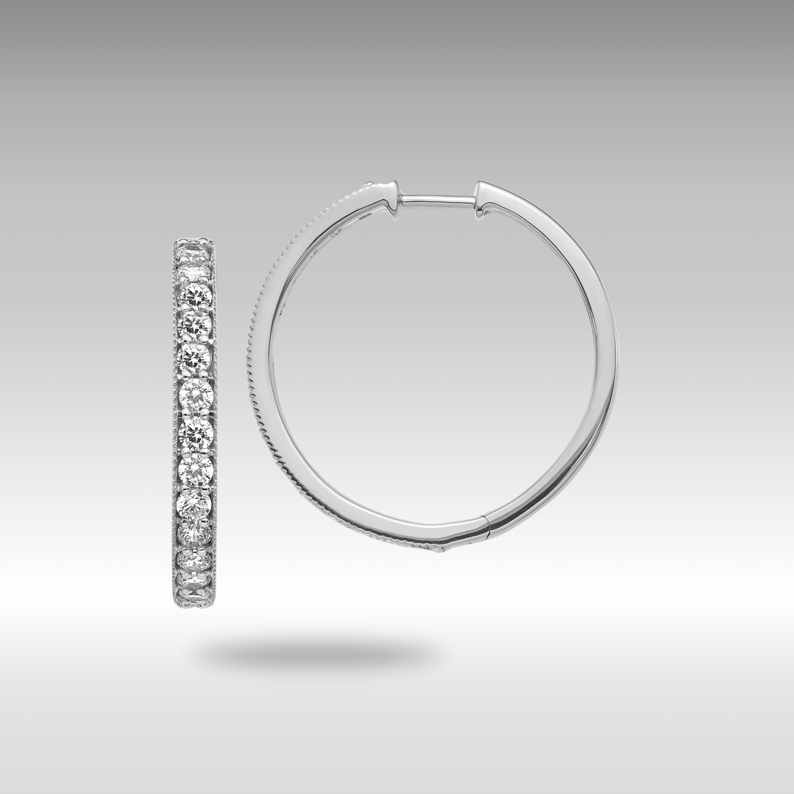 White Gold Diamond Milgrain Hinged Hoop Earrings - Model EM4284-200-WA - Charlie & Co. Jewelry