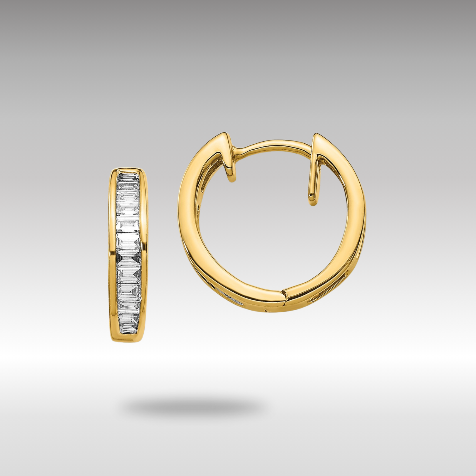 14K Gold Baguette Diamond Hinged Hoop Earrings - Model