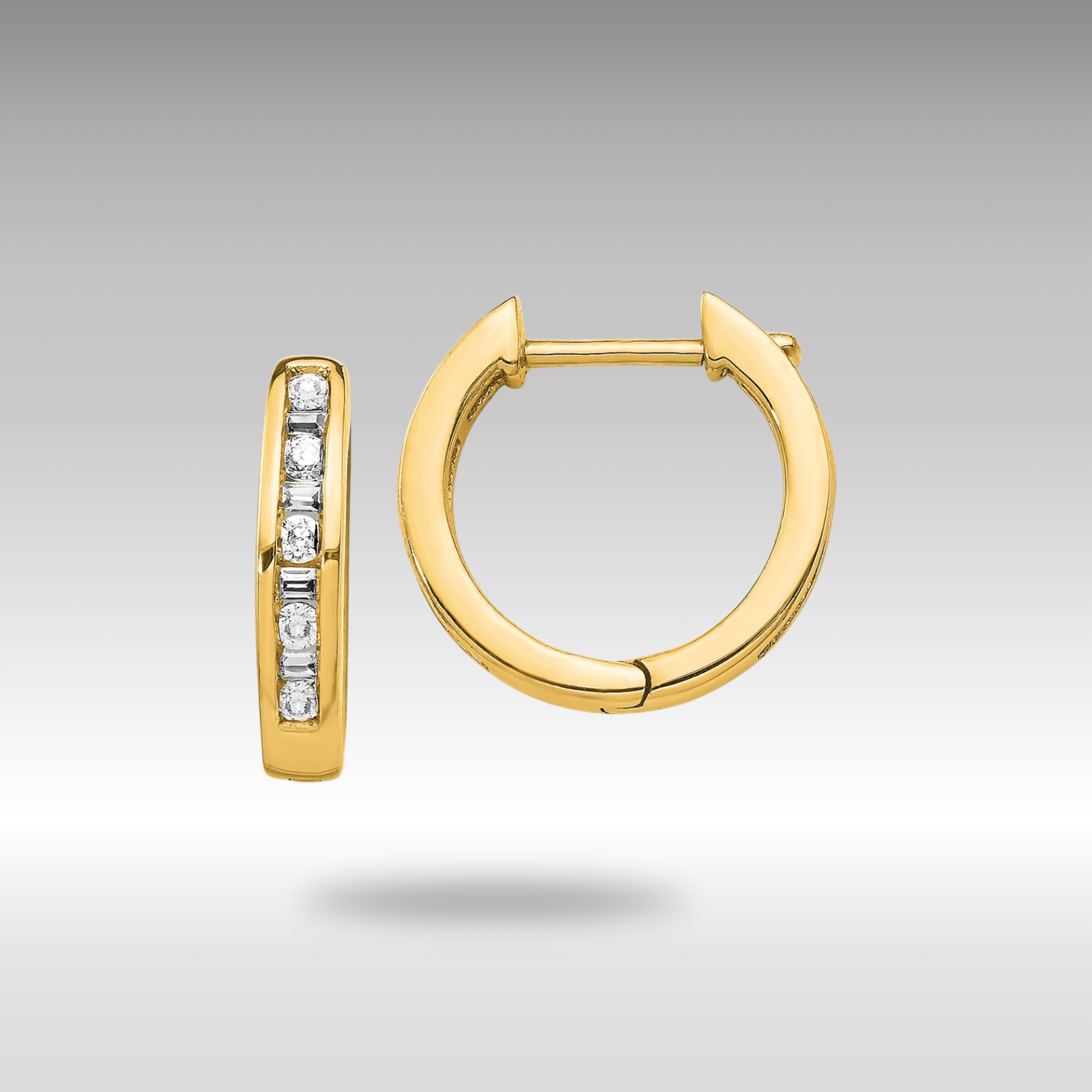 Yellow Gold Hoop Baguette Diamond Huggie Earrings 14K Gold Round