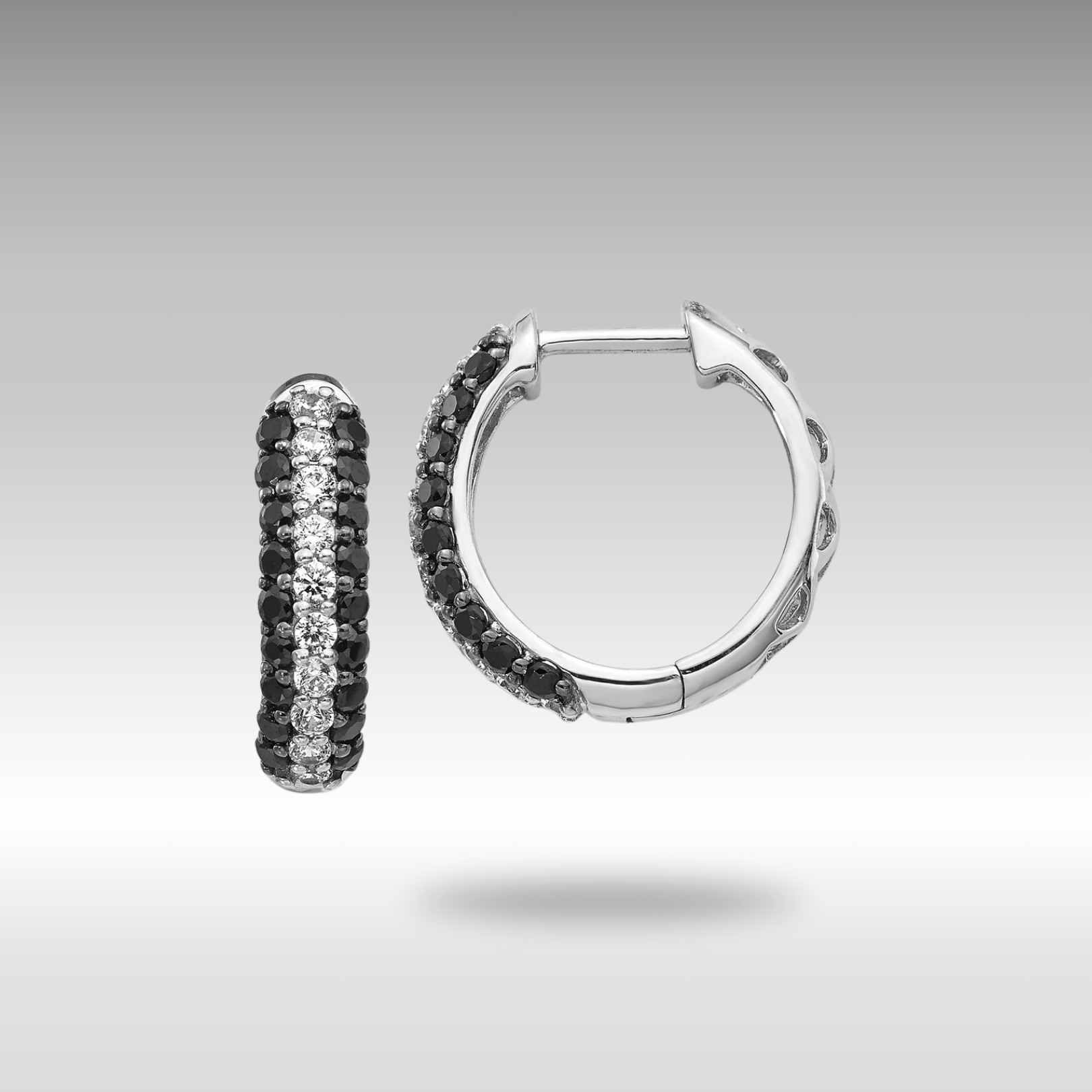 White Gold White and Black Diamond Hinged Hoop Earrings - Model EM5399-BK-100-WA - Charlie & Co. Jewelry