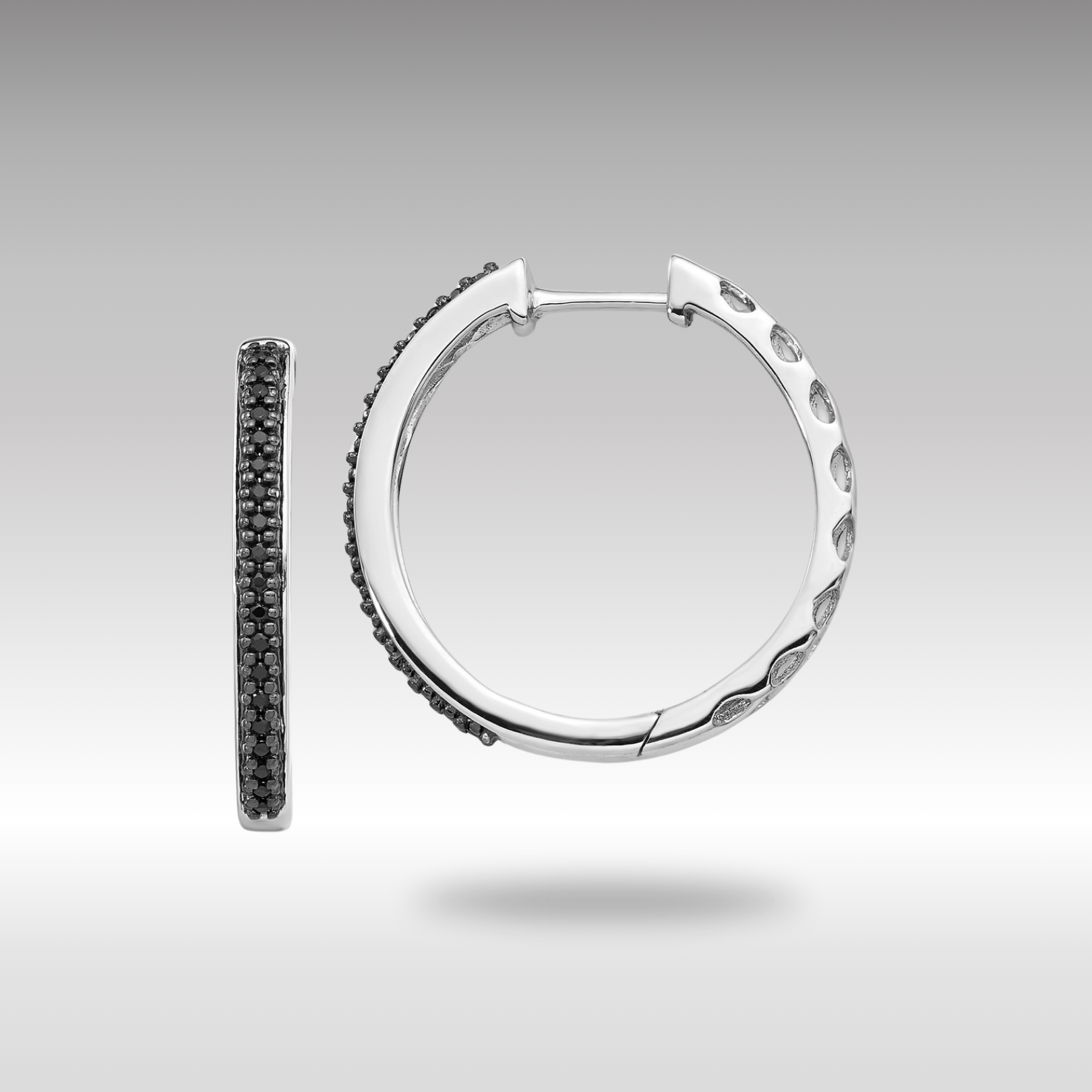 White Gold Black Diamond 2mm Hinged Hoop Earrings - Model EM5400-BK-016-WA - Charlie & Co. Jewelry