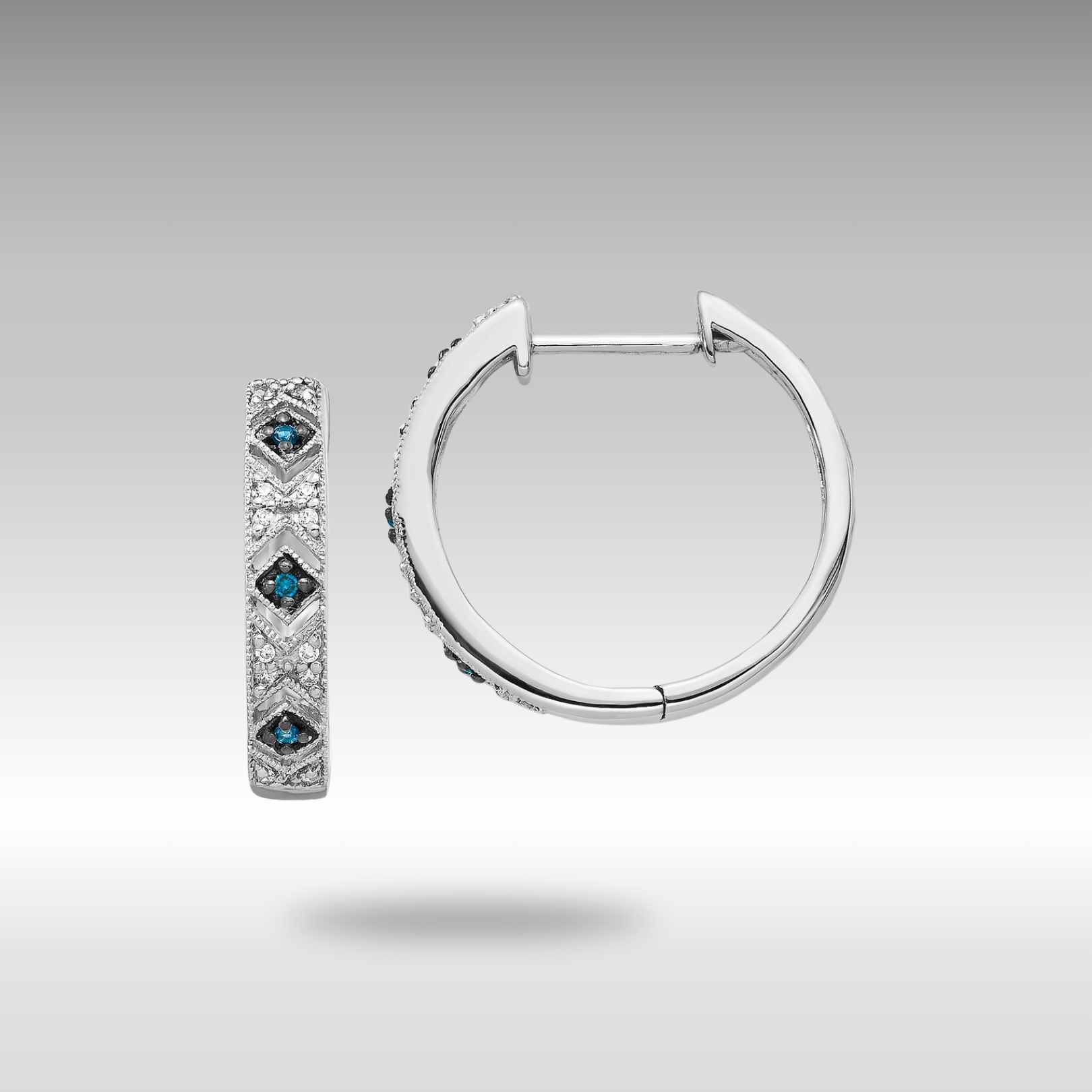 White Gold Blue/White Diamond Hinged Hoop Earrings - Model EM5404-BD-010-WA - Charlie & Co. Jewelry