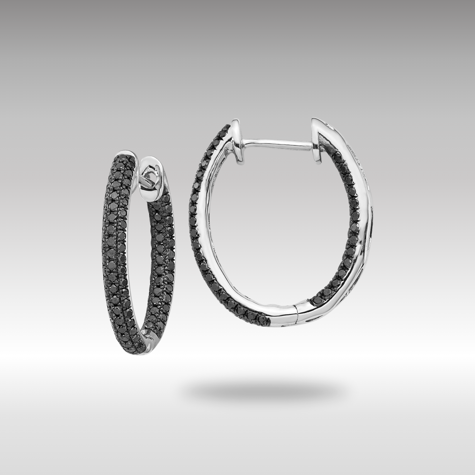 White Gold Black Diamond In/Out Hoop Earrings - Model EM5434-BK-088-WA - Charlie & Co. Jewelry