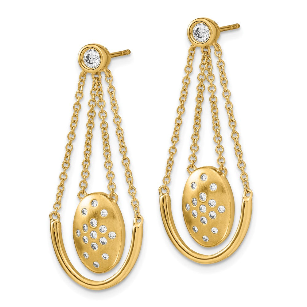 Gold Satin/Polished Diamond Oval with Chain Dangle Post Earrings - Model EM6867-037-YA - Charlie & Co. Jewelry