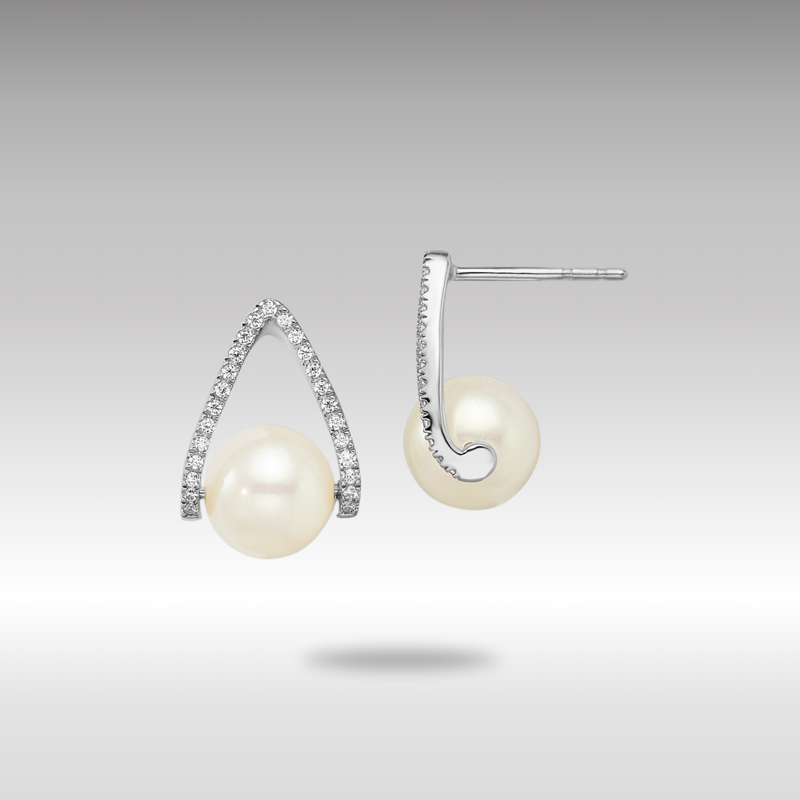 White Gold Polished FWC Pearl Post Earrings - Model EM8099-PL-015-W - Charlie & Co. Jewelry