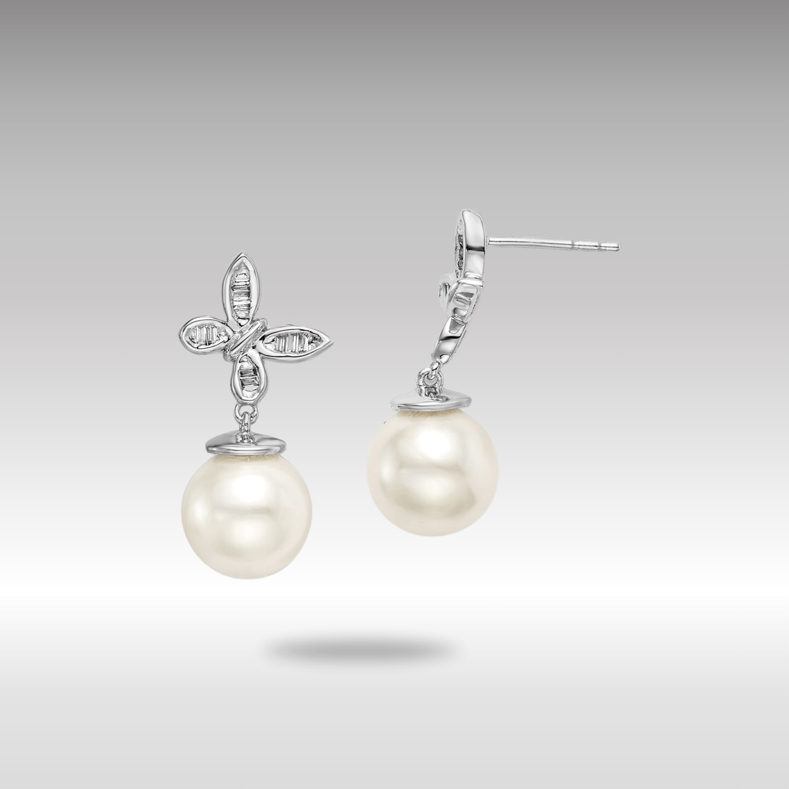 White Gold Fresh Water Pearl and Diamond Butterfly Post Earrings - Model EM8477-PL-016-WA - Charlie & Co. Jewelry