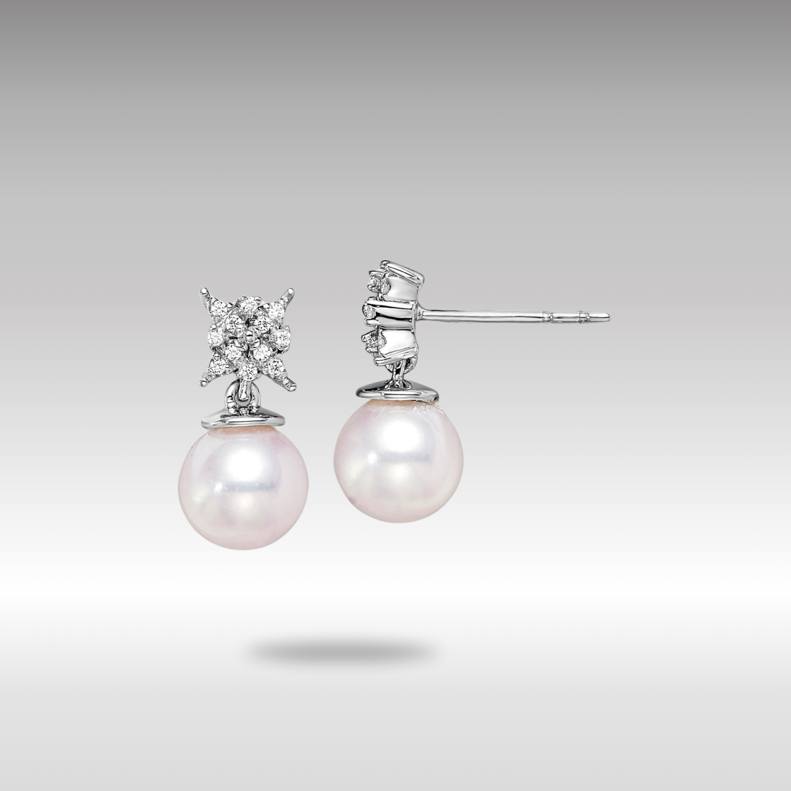 White Gold Freshwater Cultured Pearl and Diamond Post Earrings - Model EM8510-PL-007-WA - Charlie & Co. Jewelry