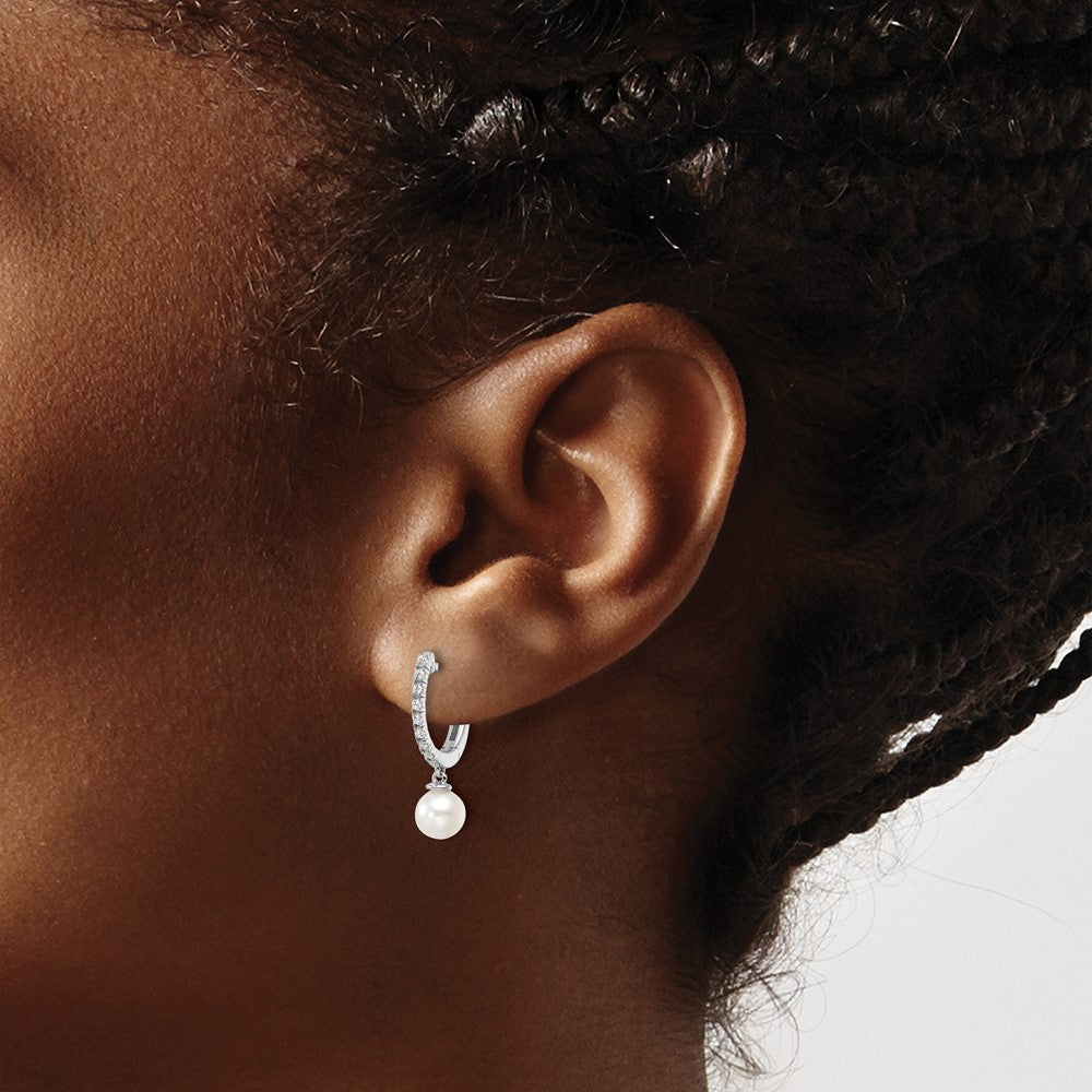 White Gold Lab Grown VS/SI FGH Diamond Drop Pearl Hoop Earrings - Model EM9987-010-WLG - Charlie & Co. Jewelry