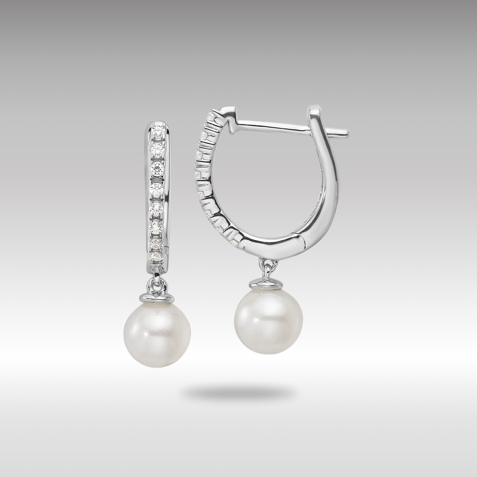 White Gold Lab Grown VS/SI FGH Diamond Drop Pearl Hoop Earrings - Model EM9987-010-WLG - Charlie & Co. Jewelry