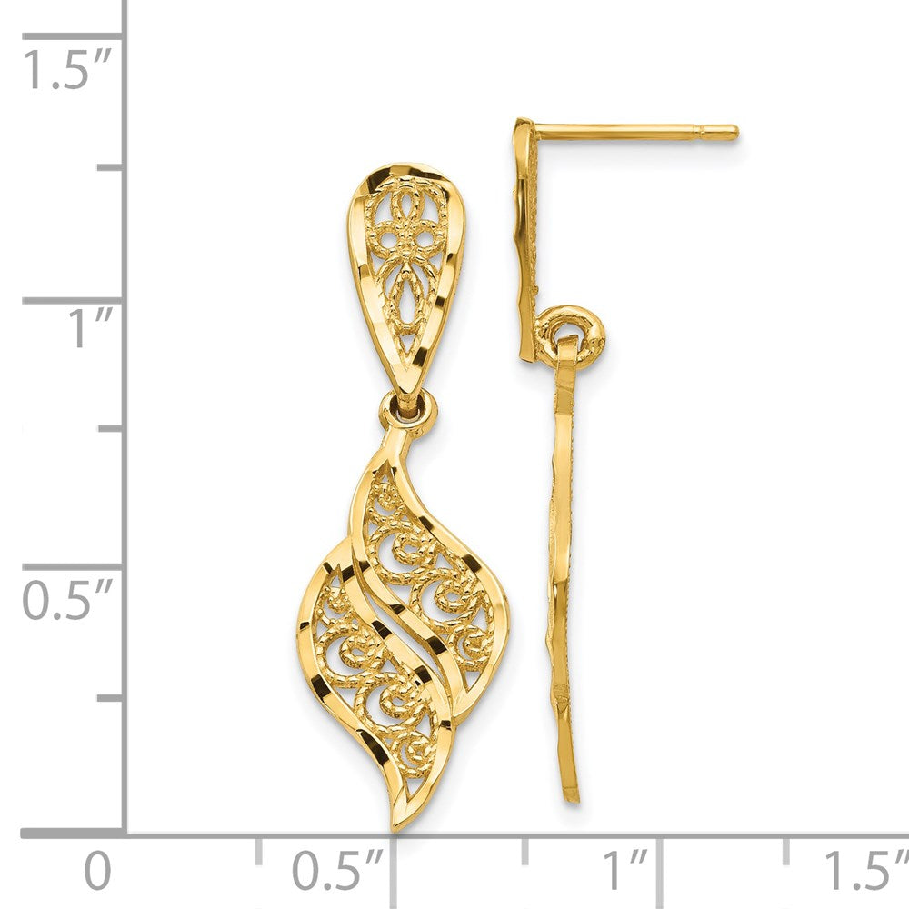 Gold Polished and Diamond-Cut Filigree Swirl Dangle Post Earrings - Model F989 - Charlie & Co. Jewelry