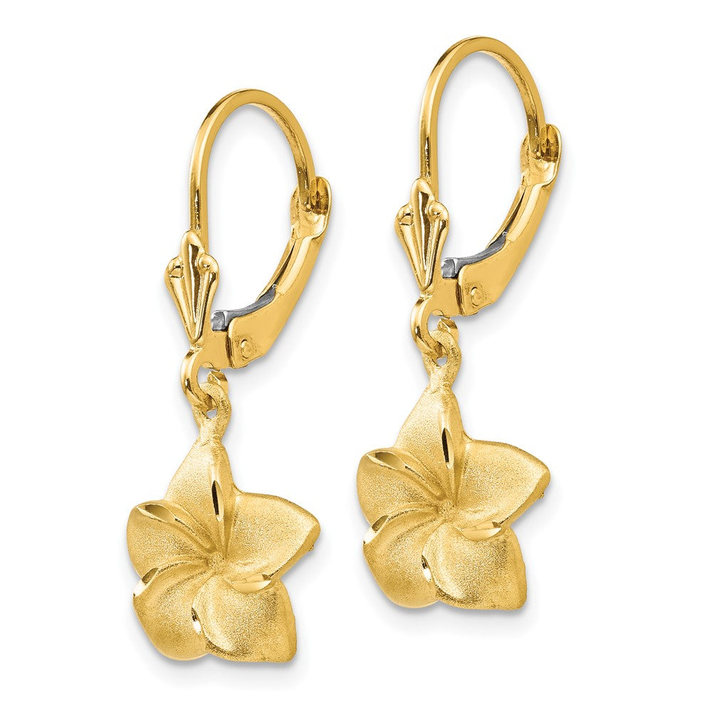 Gold Satin and Diamond-Cut Plumeria Dangle Leverback Earrings Model-FB561E - Charlie & Co. Jewelry