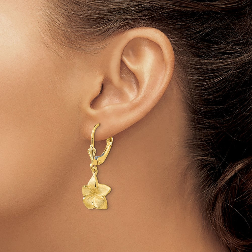 Gold Satin and Diamond-Cut Plumeria Dangle Leverback Earrings Model-FB561E - Charlie & Co. Jewelry