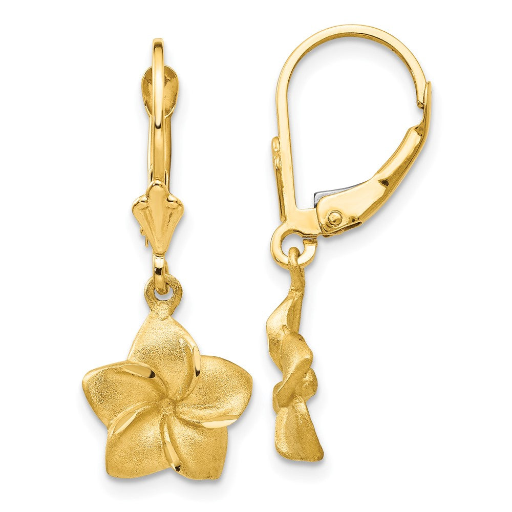 Gold Satin and Diamond-Cut Plumeria Dangle Leverback Earrings Model-FB561E - Charlie & Co. Jewelry