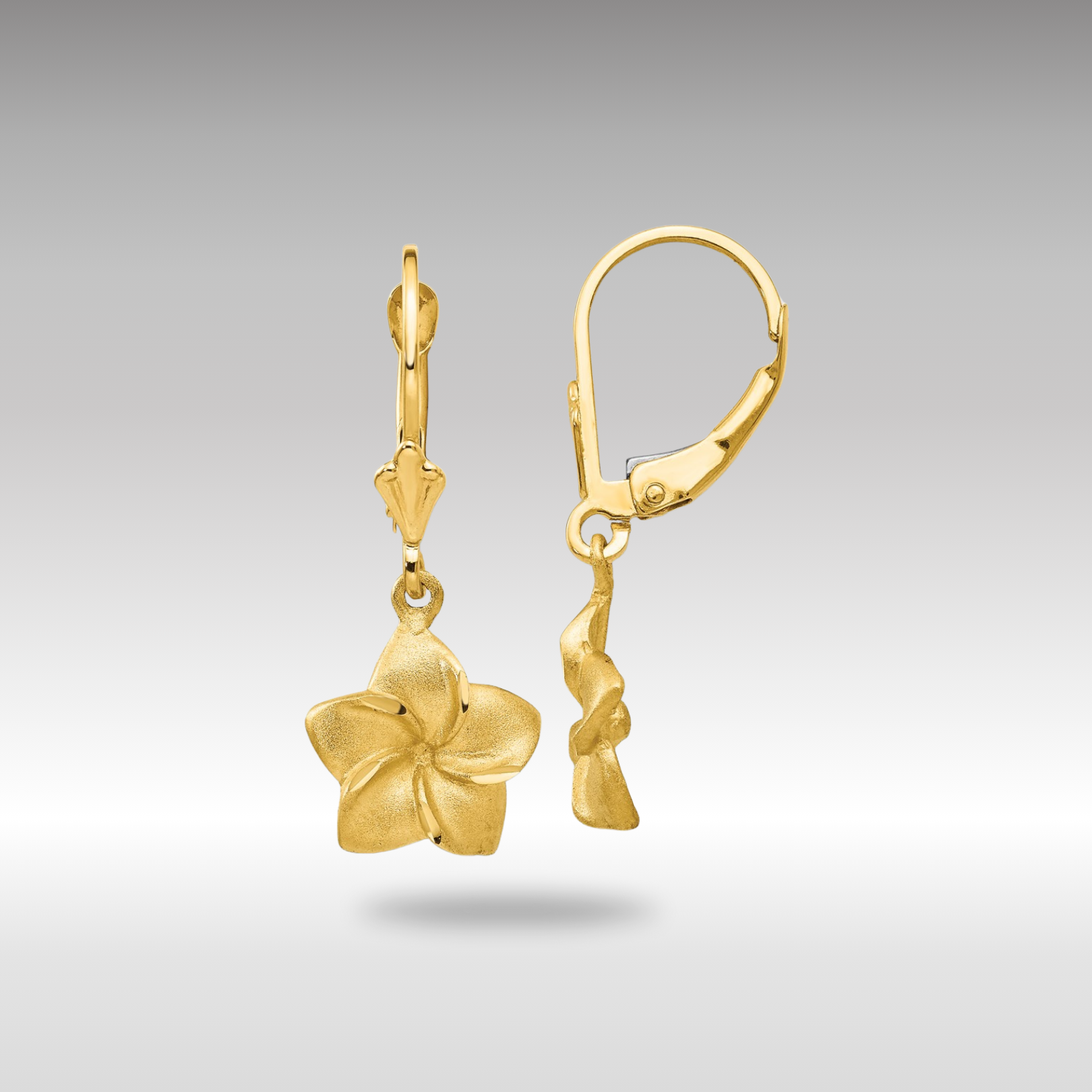 Gold Satin and Diamond-Cut Plumeria Dangle Leverback Earrings Model-FB561E - Charlie & Co. Jewelry