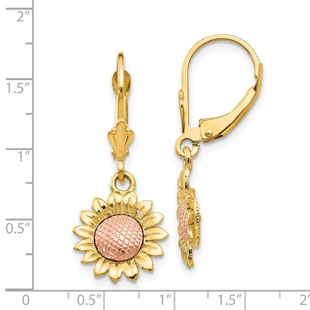 Gold Two-tone Polished Sunflower Dangle Leverback Earrings - Model FB577E - Charlie & Co. Jewelry