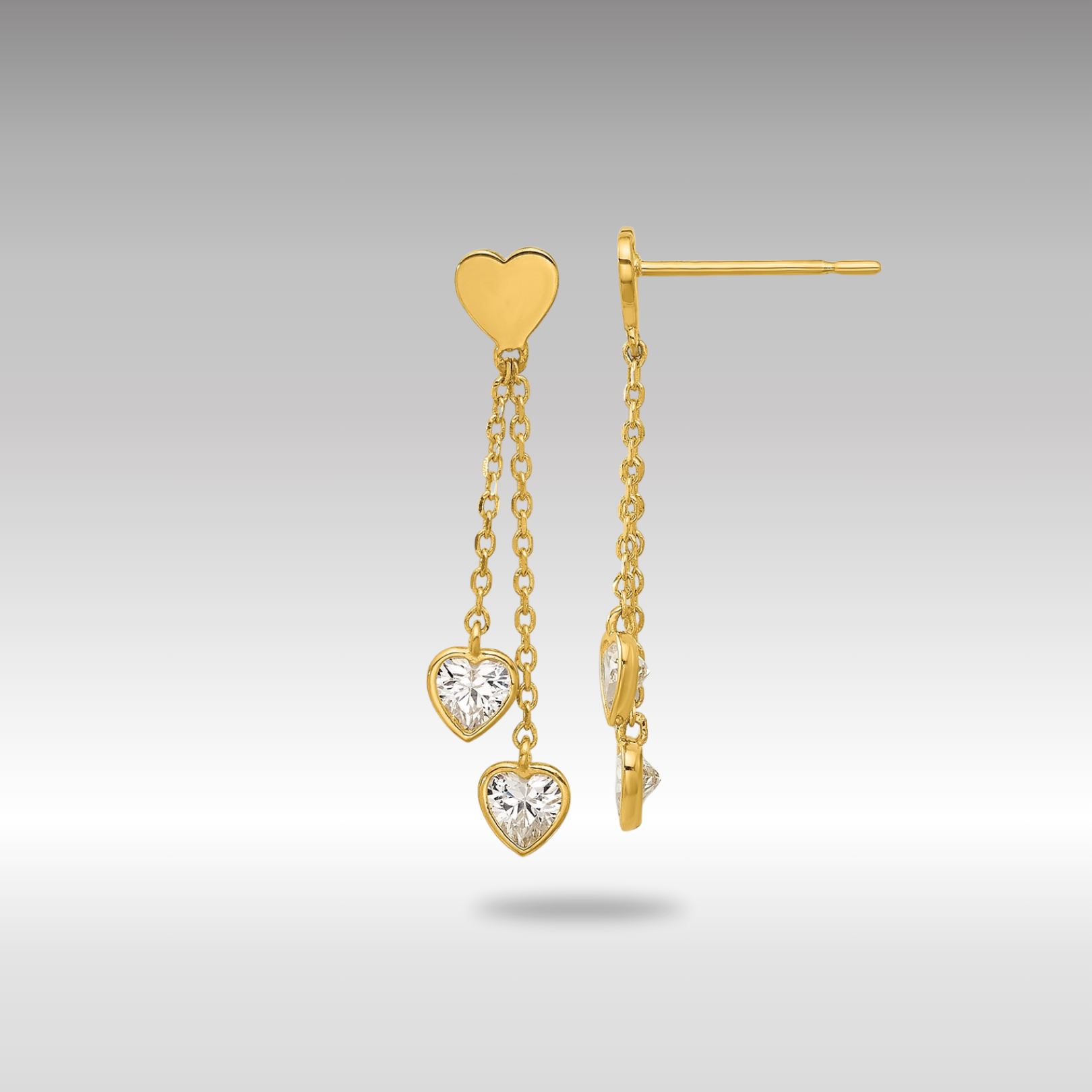 Gold Madi K Polished CZ Hearts Post Dangle Earrings - Model GK1176 - Charlie & Co. Jewelry