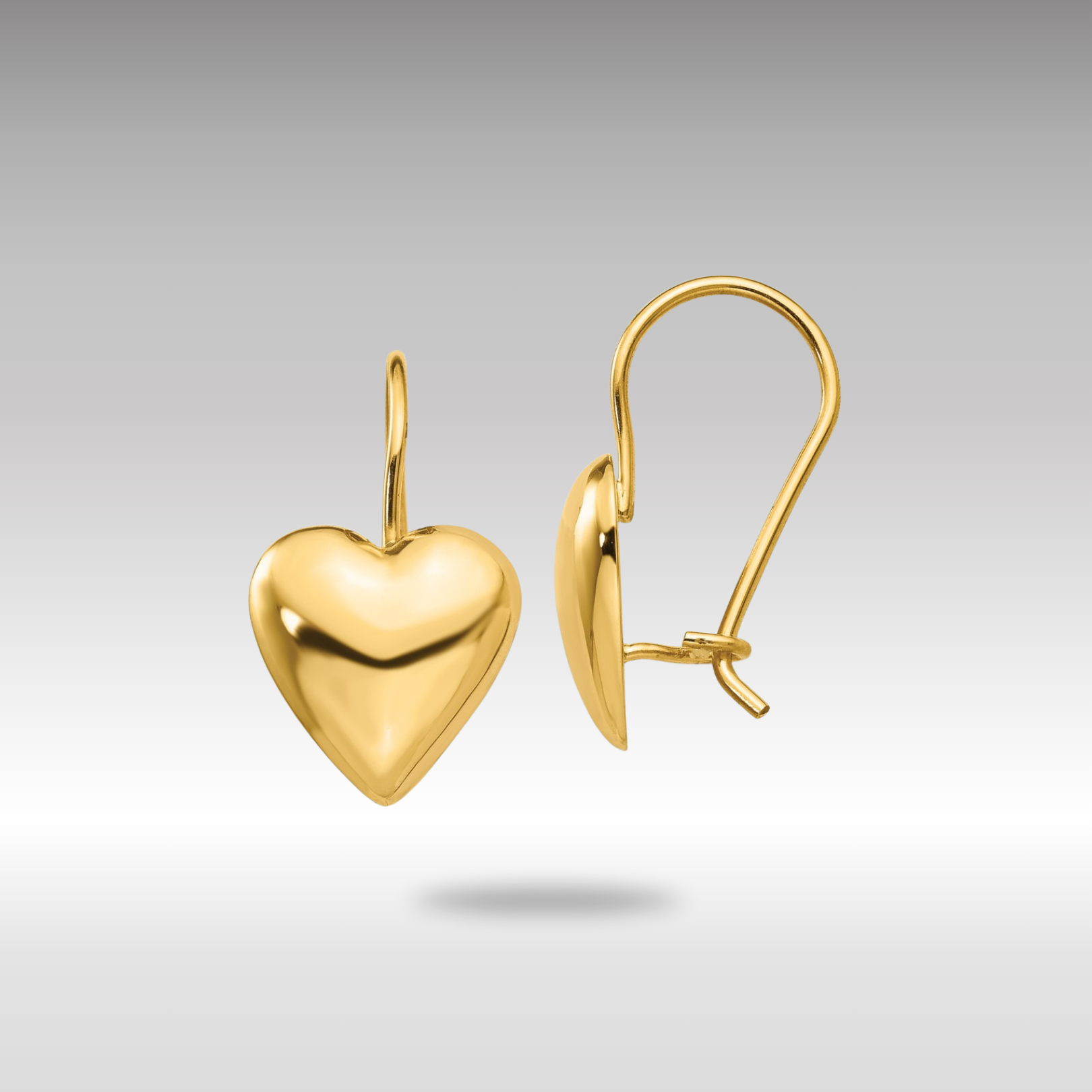 Gold Polished 11.5mm Puffed Heart Kidney Wire Earrings - Model H1042 - Charlie & Co. Jewelry