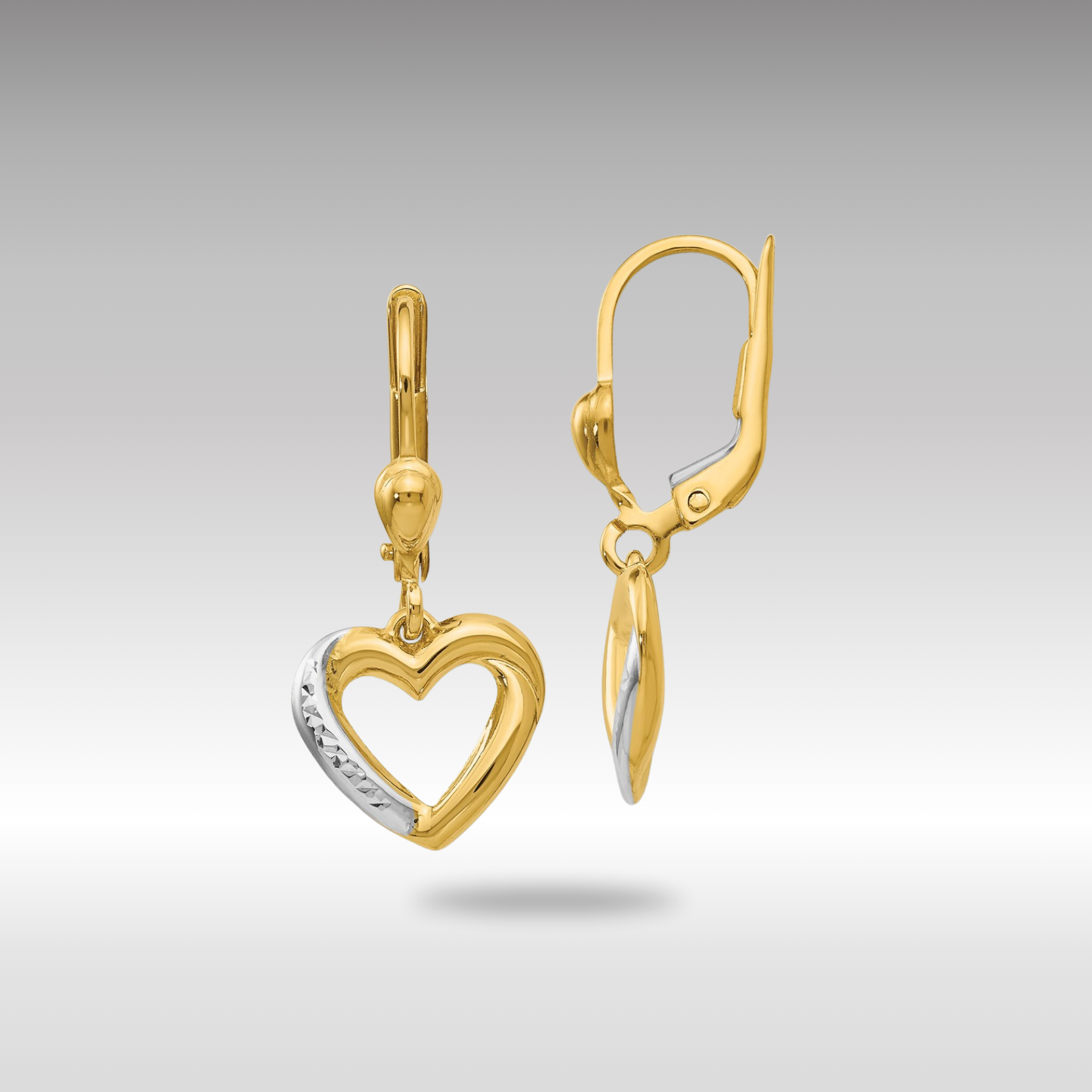 Gold Textured and Polished Heart Leverback Earrings - Model H1074 - Charlie & Co. Jewelry