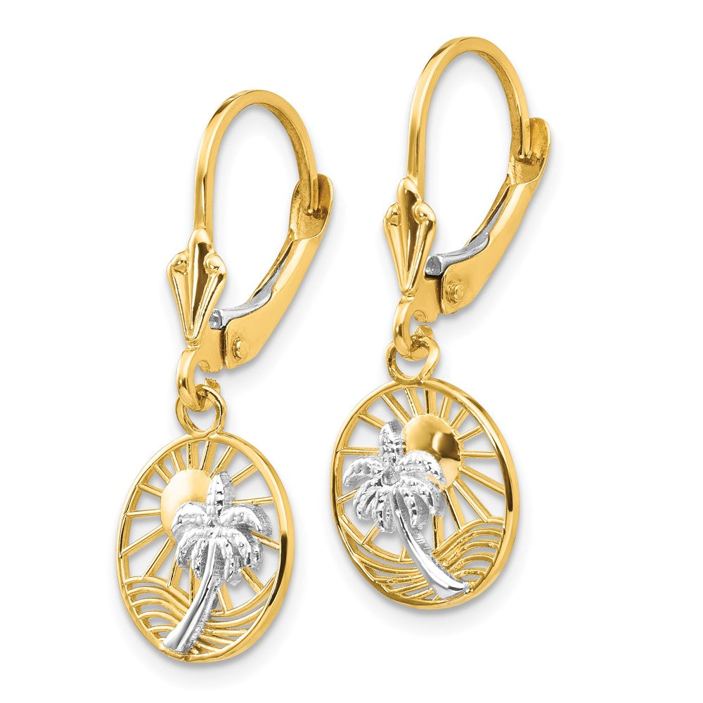 Yellow and White Gold Dangle Palm Tree Leverback Earrings Model-H1128 - Charlie & Co. Jewelry